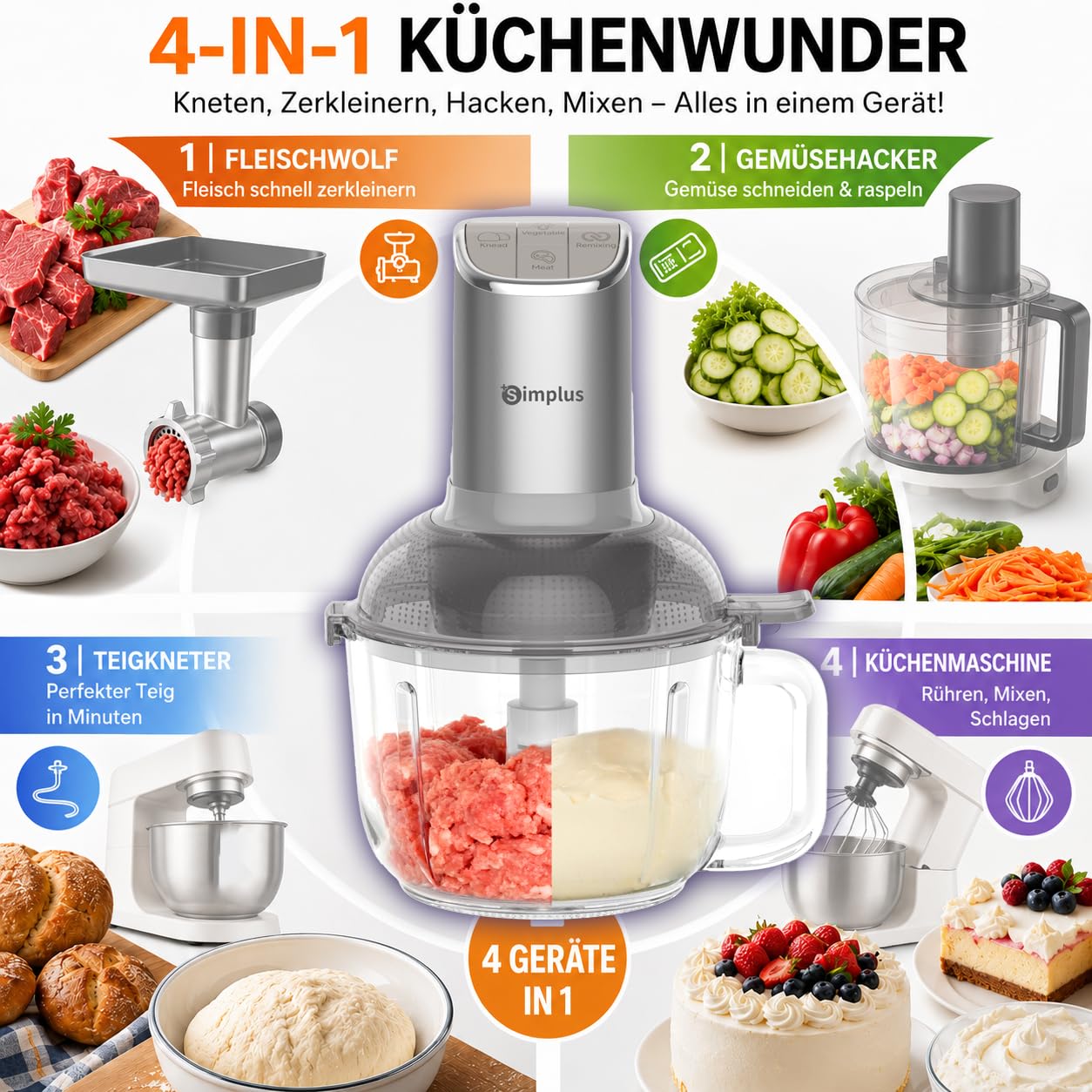 SIMPLUS Universalzerkleinerer mit Teigknetfunktion, 300W Elektrisch, 2.5L Glasbehälter, Multifunktion Küchenmaschine mit 4 Edelstahlklingen für Fleisch, Gemüse, Nüsse, Babybrei