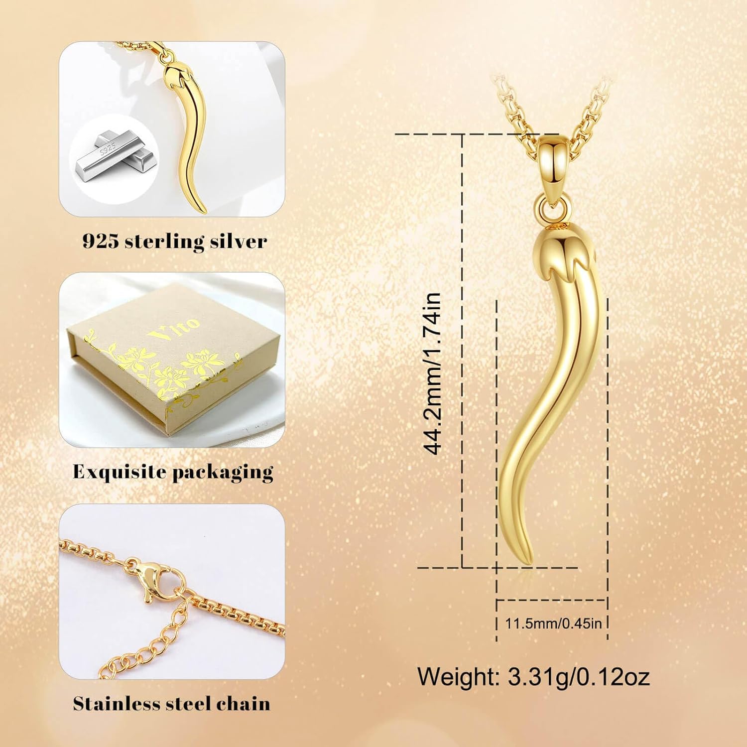 Vito 925 Sterling Silver Cornicello Necklace for Women Men, 18K Gold Plated Italian Horn Pendant Lucky Pepper Necklaces Protection Amulet Jewelry Gift for Mom, 24"