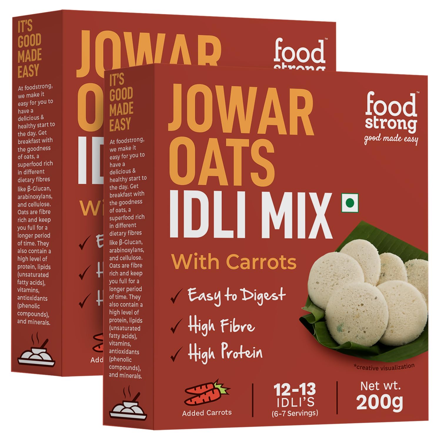 Foodstrong Jowar Oats Idli Mix, High Protein & Fibre, Easy to Digest, With Added Carrots, No Preservatives, Ready to Cook Instant Mix 200 g x Pack of 2, Makes 12-13 Idlis Per Pack (B0C94MG1T2) Amazon Price History, Amazon Price Tracker
