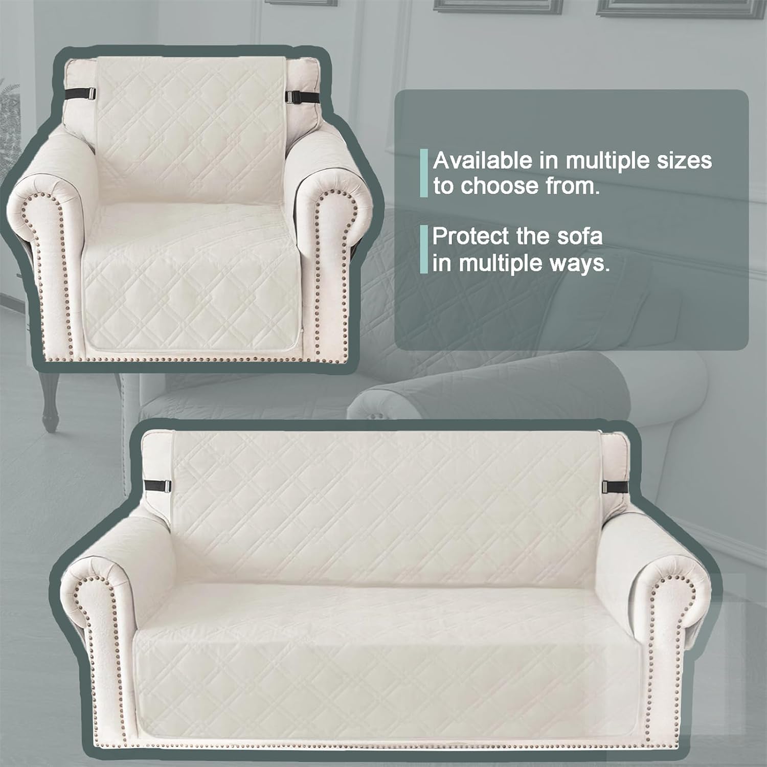 Quilted Sofa Cover 1 2 3 Seater, Waterproof and Non-Slip Sofa Slipcovers Protectors Couch Covers Adjustable Elastic Strap for Kids Dogs (Ivory White,Chair)