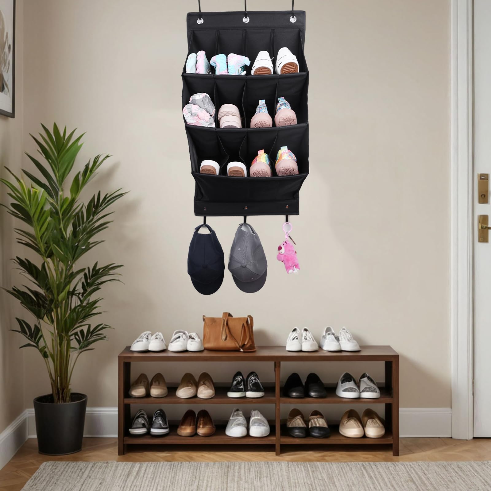 Organizer per scarpe da appendere, con gancio, porta scarpiera con 12 tasche profonde per armadio, organizer da appendere alla porta per campeggio, armadietto, dormitorio e camper, nero