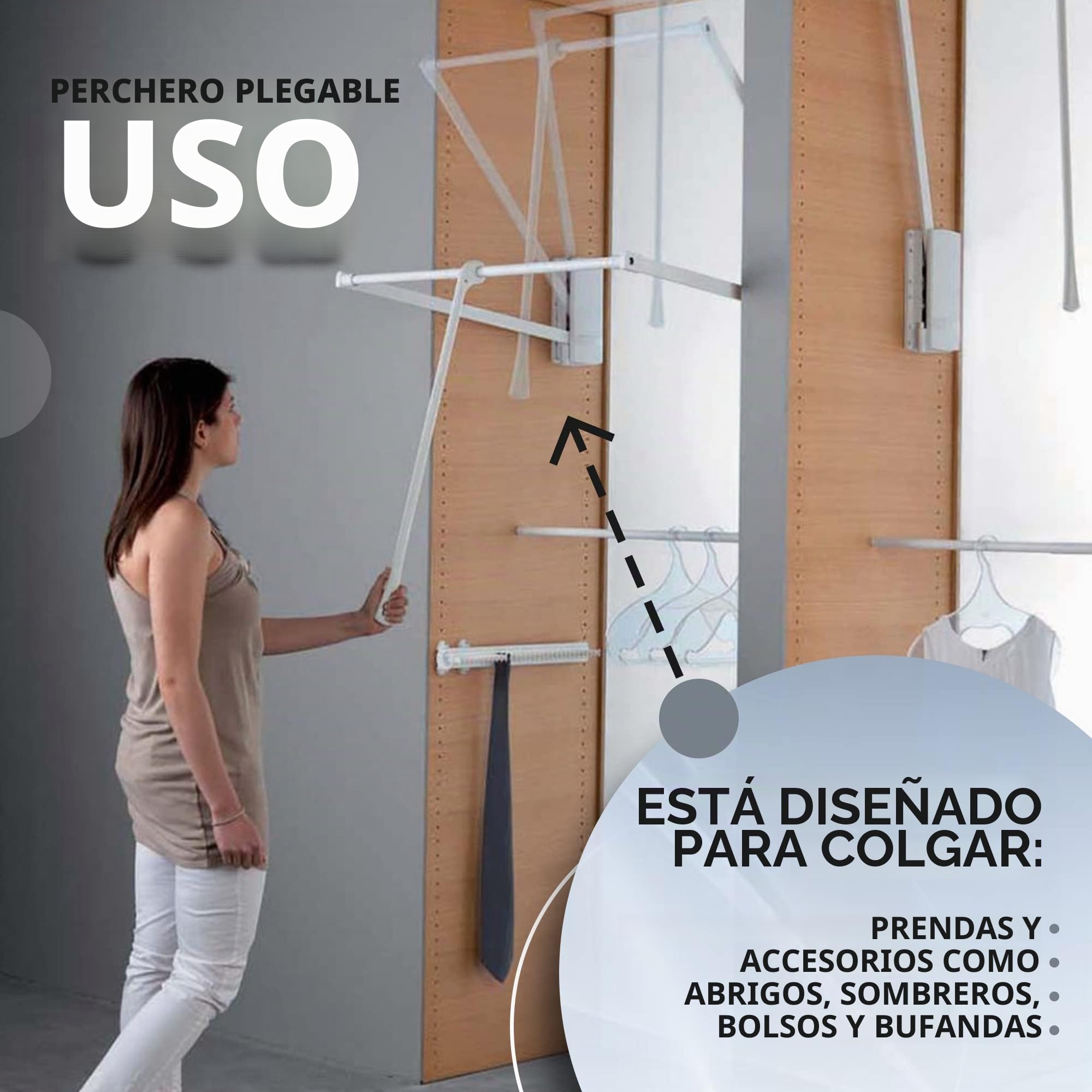 DOJA Barcelona | Perchero Abatible | 875-1200 | Blanco | Colgador Abatible para Armario Ropero Vestidor | Perchero Pared Abatible | Barra de Armario Abatible para Abrigos, Sombreros, Bolsos, Bufandas