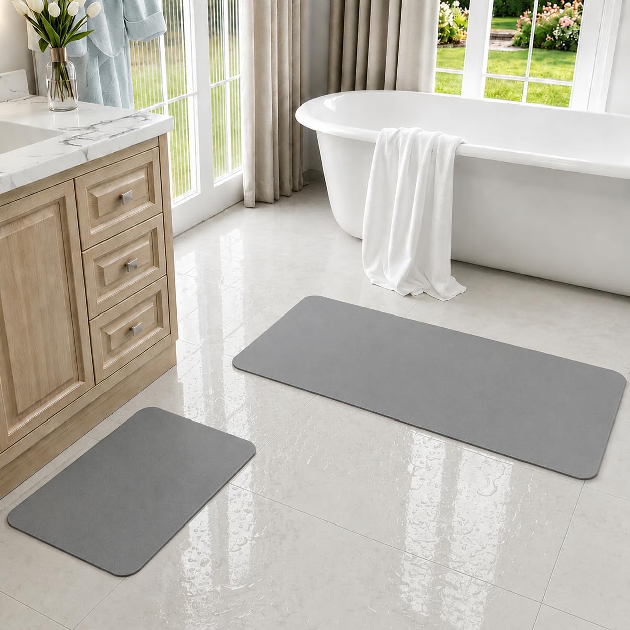 Set 2 Tappeto Bagno e Doccia Assorbente 40x60+60x120cm | Alta Assorbenza, Superficie Antiscivolo, Uso Bagno e Doccia, Materiale Diatomite, Design Compatto