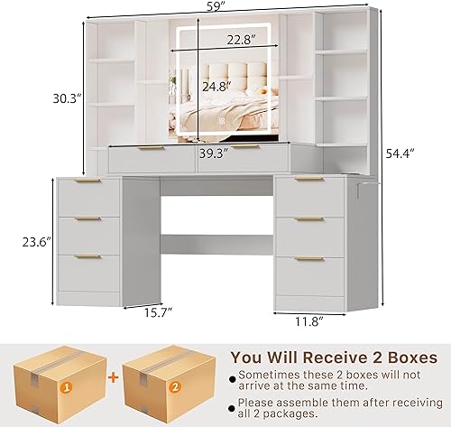 Miniatura 2 de Escritorio grande de maquillaje con espejo iluminado y toma de corriente, tocador con 3 modos de iluminación ajustable, cajones, estantes, soporte
