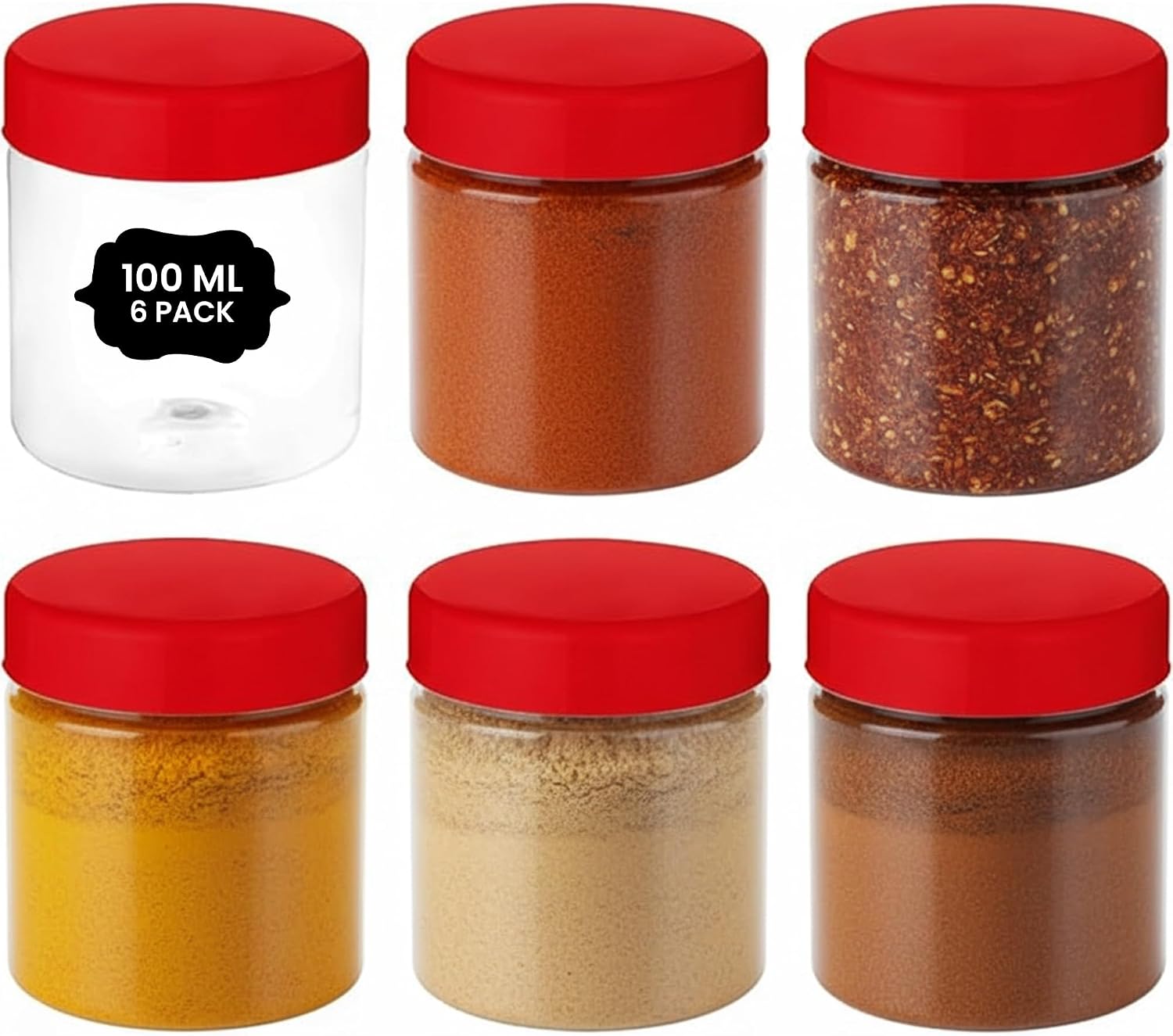 ANGIX 6 x 100ml Plastic Storage Jars with Screw Top Lids, Airtight Food Storage Containers for Kitchen, Food, Spices, Herbs & Sweets, Clear Canister Pots (RED)