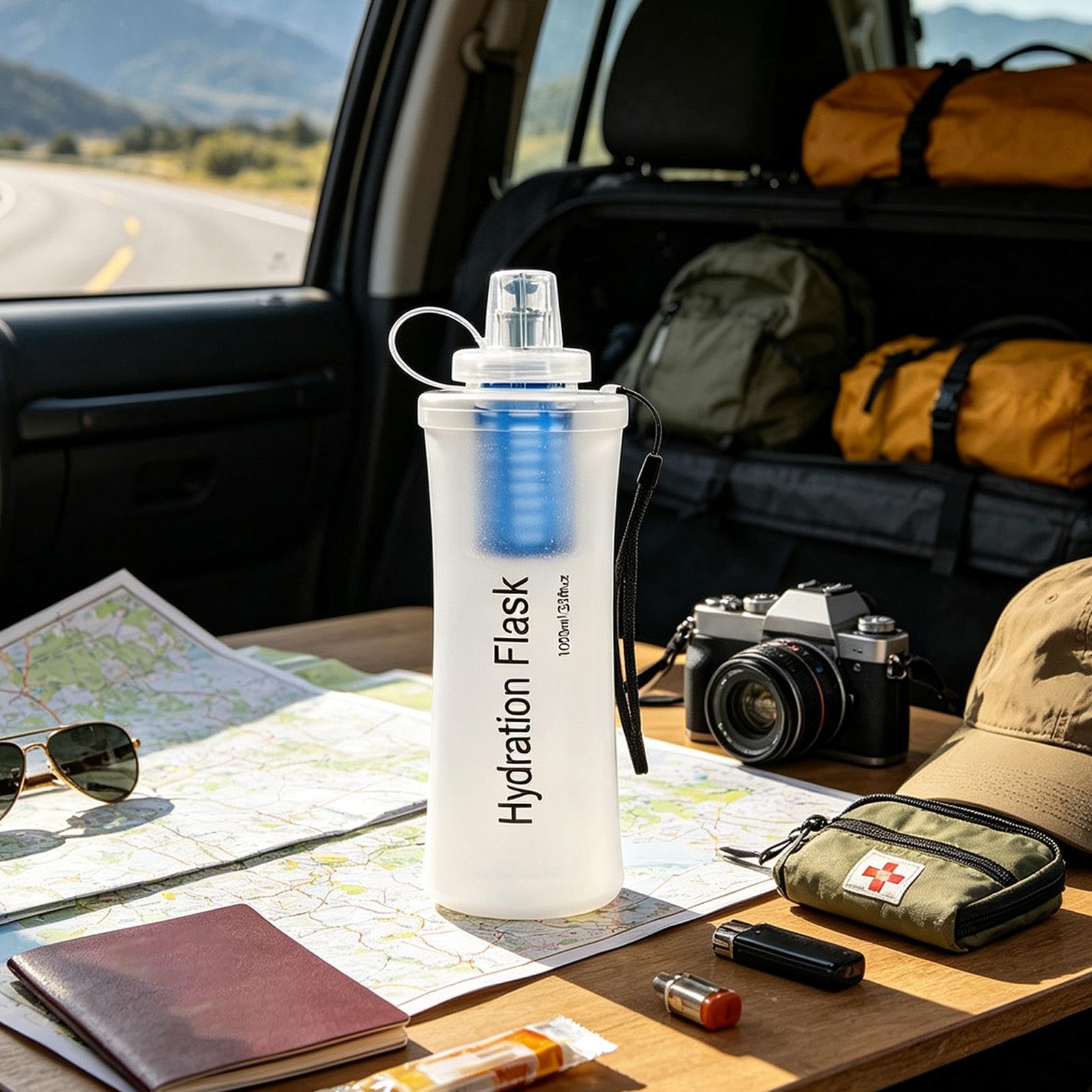 Trinkflasche mit Filter für die Reise 1 Liter faltbare