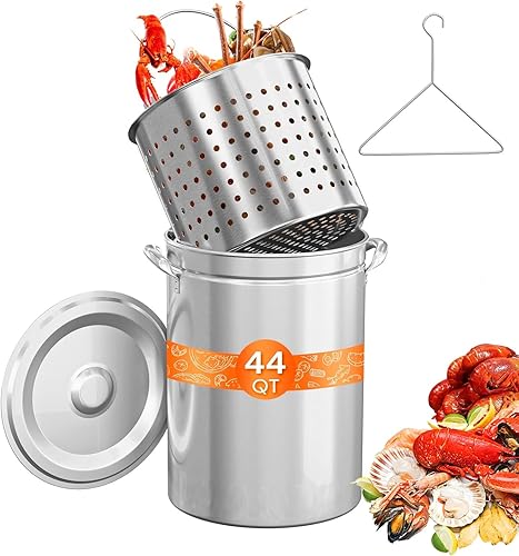 ROVSUN 44QT Olla de Ebullición de Mariscos de Acero Inoxidable con Cestillo Colador, Tapa y Gancho, Olla de Stock Versátil para Hervir Cangrejo,