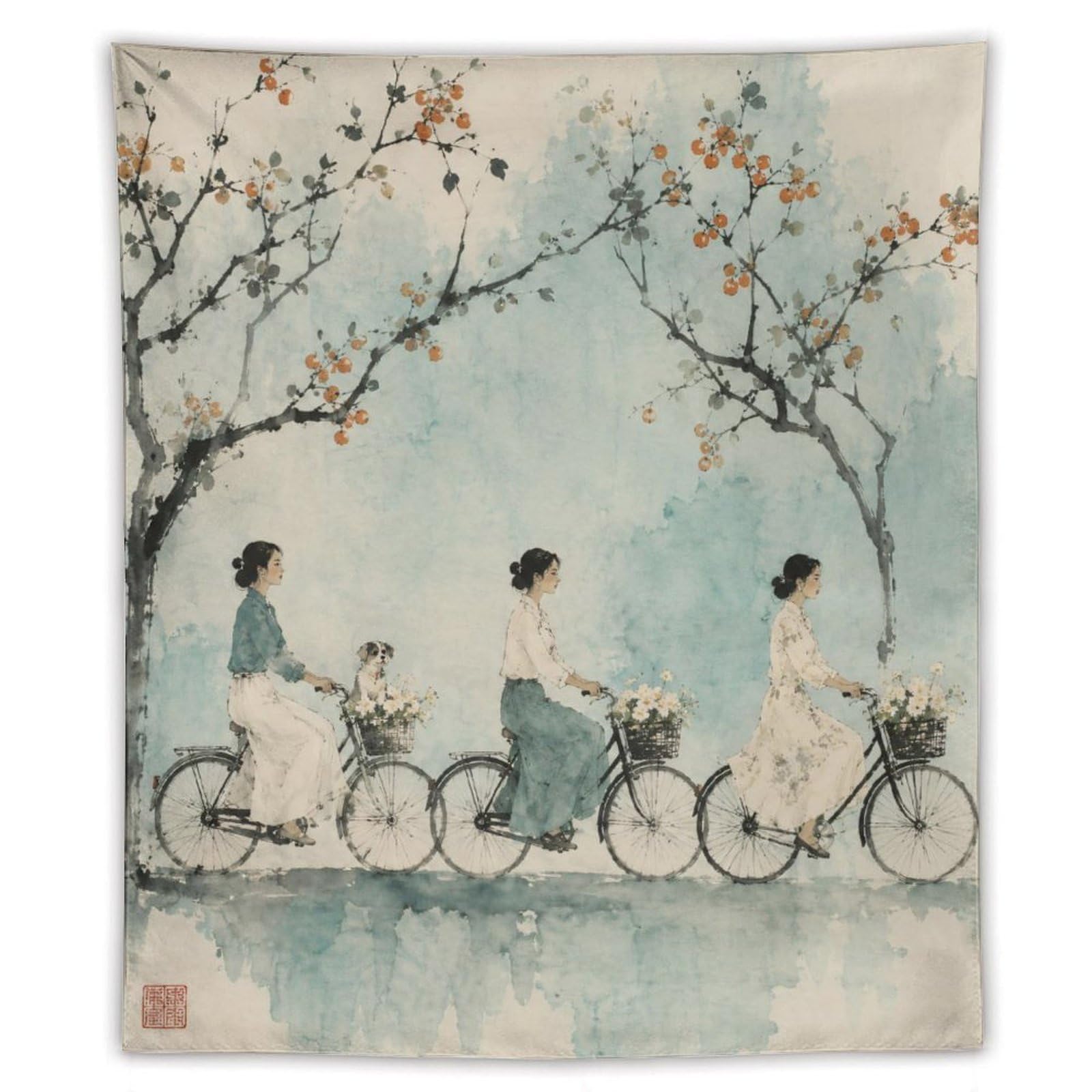 H3B8U2Y5 Cyclists under Blossoms Wall Tapestry, Asian Ink Style, Asian Art