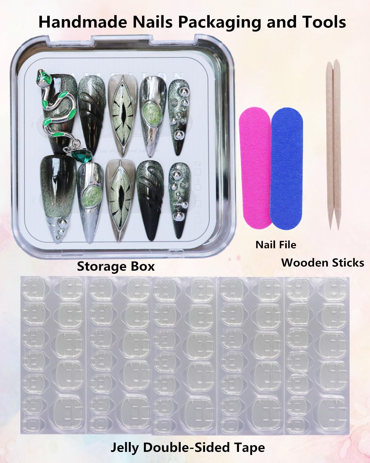 Luxury Handmade Press on Nails Long Stiletto Green Snake Chrome Gothic Fake Nails Glossy Black Green Gradient Crystal Charm Reusable Acrylic Nails for Women 10pcs (A038, M)