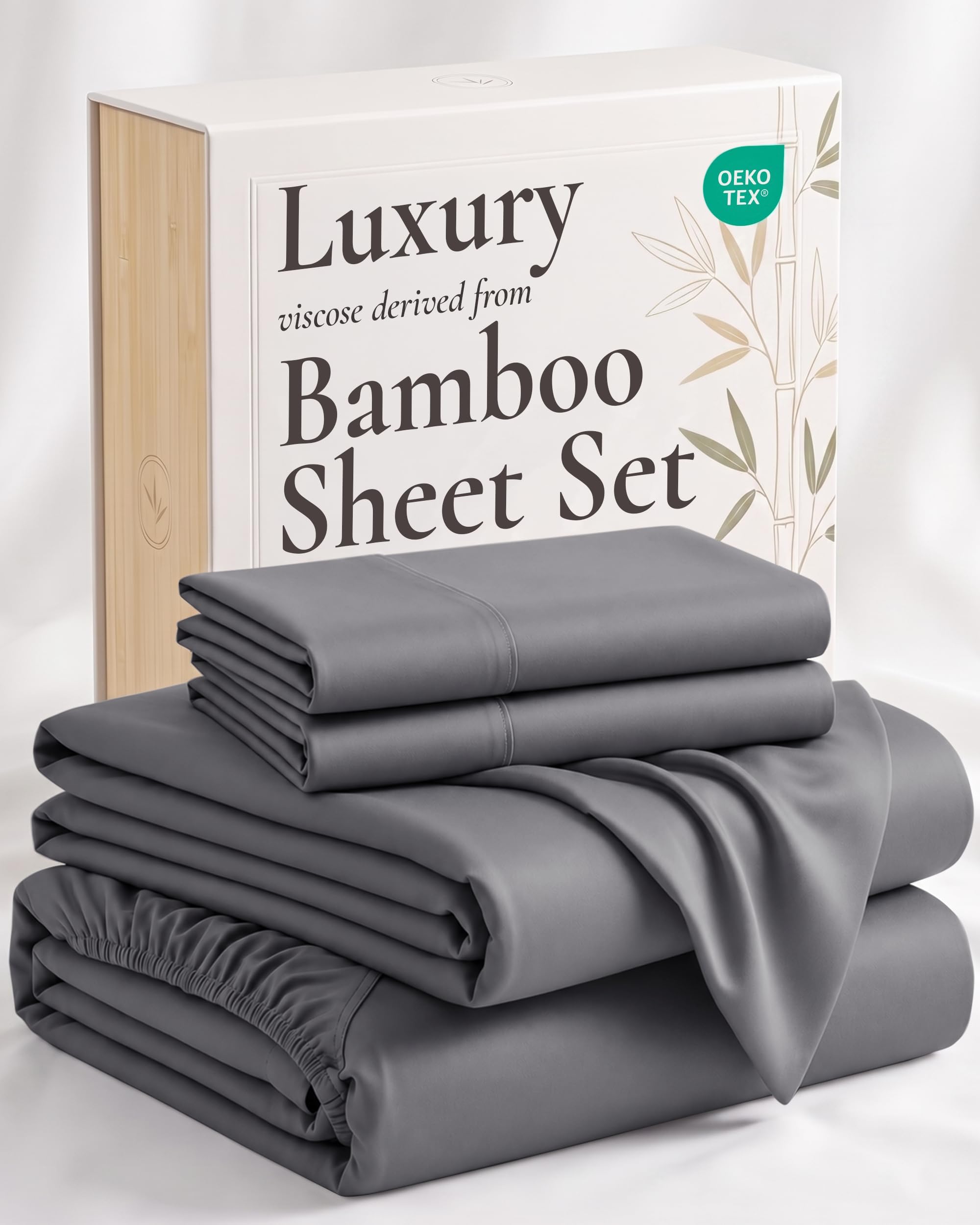 Hotel Sheets Direct 4 Piece Bed Sheet Set Queen Size, 100% Viscose Derived from Bamboo Sheets Set with 2 Pillowcases, Cooling & Breathable Luxury Bedding, Moisture-Wicking & Silky Soft, Dark Gray