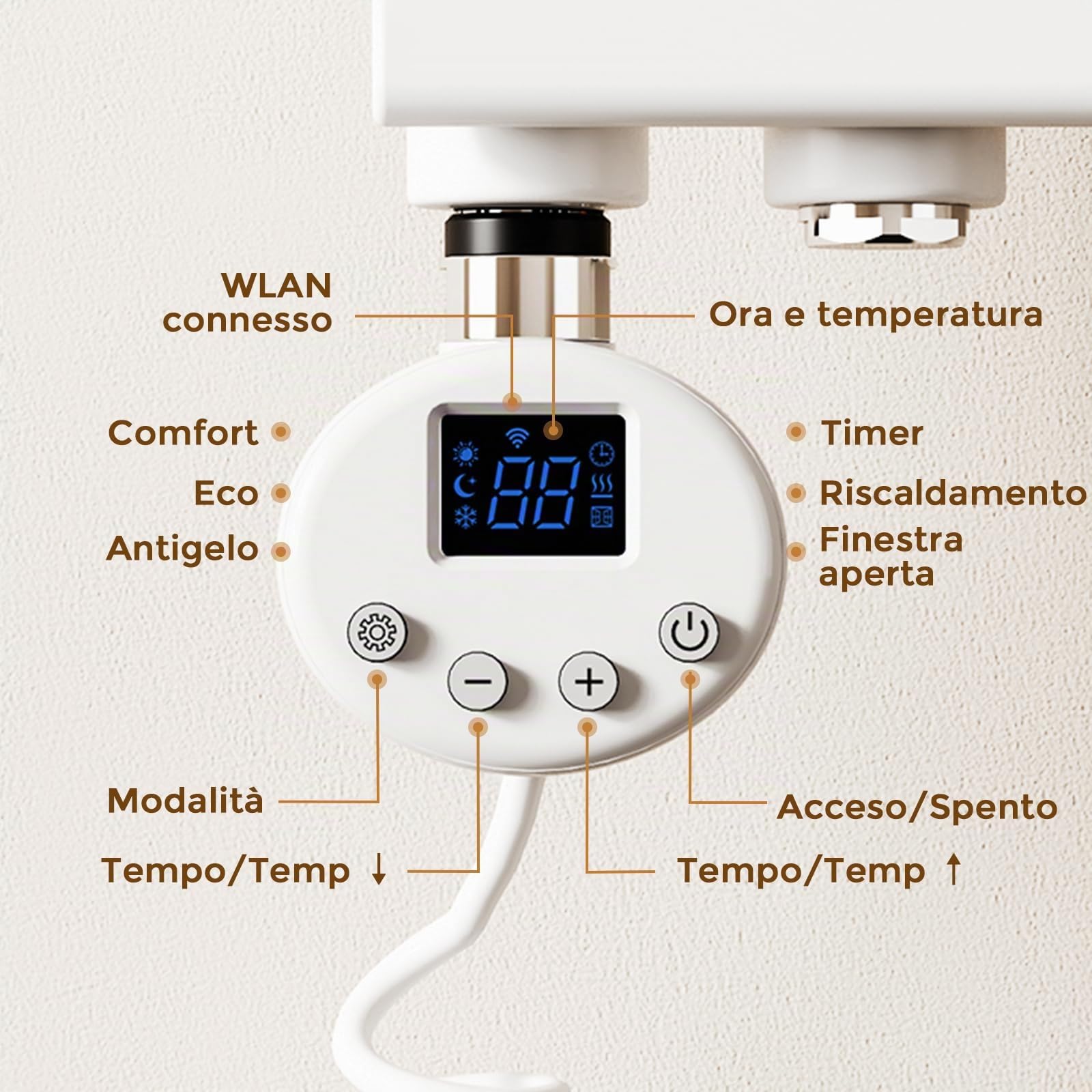S'AFIELINA Resistenza Elettrica per Scaldasalviette 900W con Termostato | Resistenza per Termosifone Bagno in Acciaio Inox, WiFi, Timer Programmabile, Temperatura Regolabile, Bianco