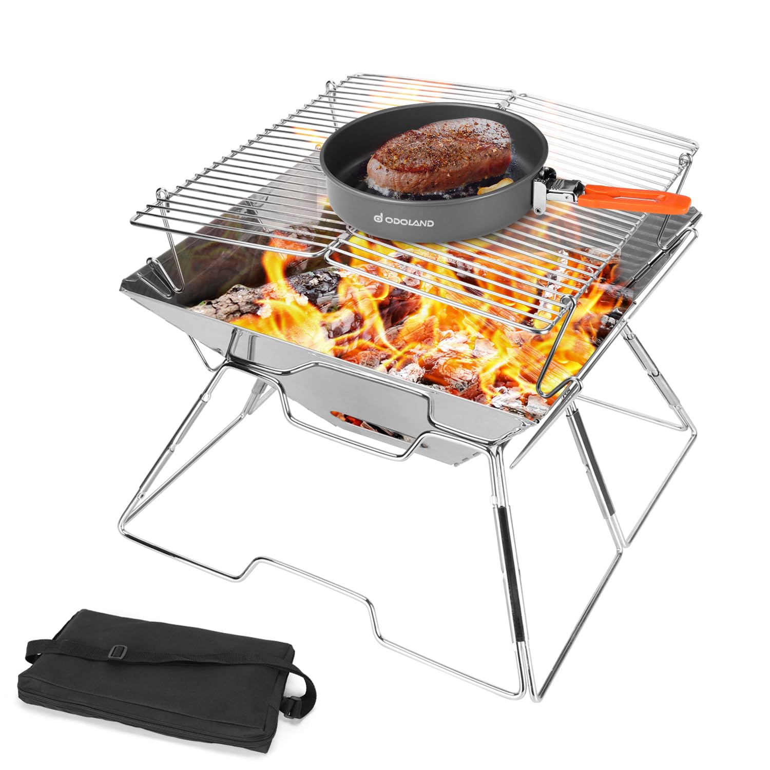Odoland Folding Campfire Grill, 304 Stainless Steel Grate Barbeque Grill, Portable Camping Grill with Legs for Picnics, Backpacking, Outdoor with Carrying Bag and Kitchen Tongs