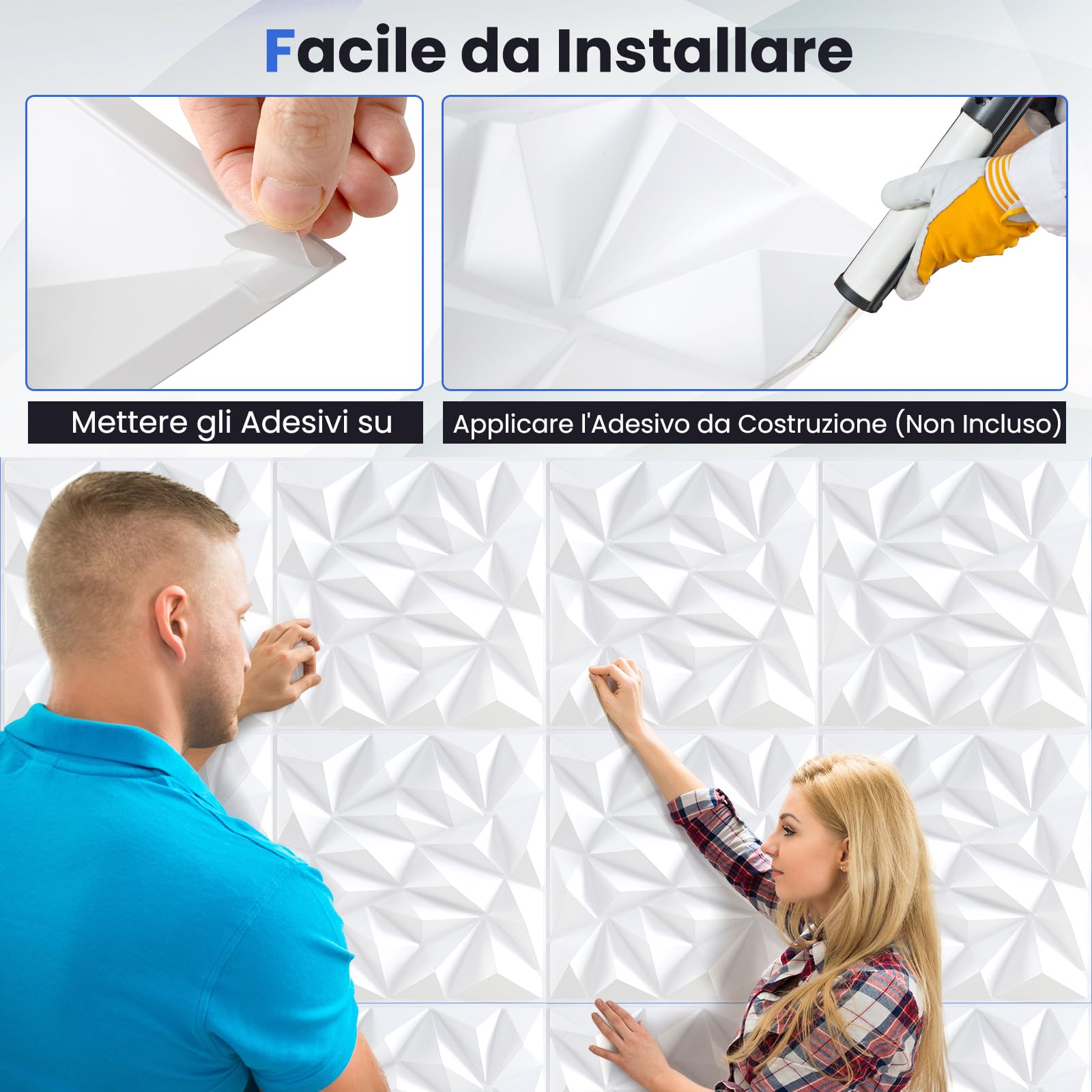 COSTWAY 40 Pezzi 3D Pannelli Murali 50 x 50 cm, Pannello da Parete 3D Diamante, Decorazione Interna da Parete in PVC, 10 m², per Soggiorno Camera da Letto (10㎡,Bianco)