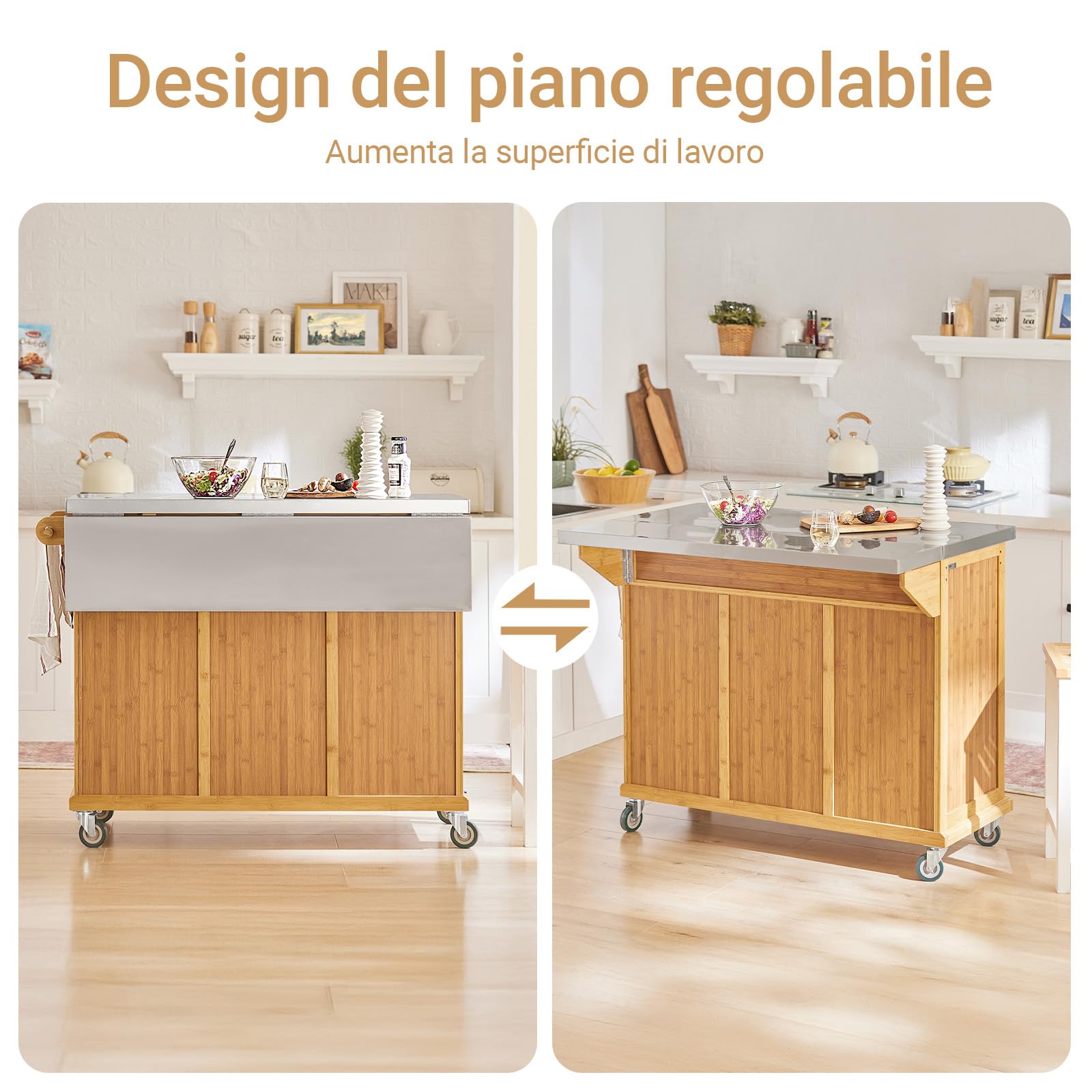 SoBuy Carrello Cucina con Ruote Isola Cucina con Piano di Lavoro Estensibile, 2 Cassetti e Ripiani Regolabili Mobile Salvaspazio per Mobili da Cucina Naturale 115 x (46-71) x 92 cm FKW69-N