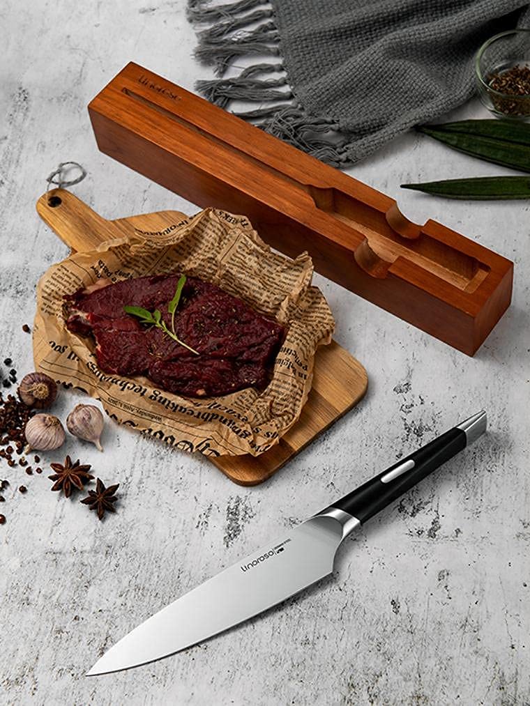 linoroso Chef Knife Kitchen Knife Ultra Sharp Cooking Knife, 7 inch Precision Forged German High-Carbon Stainless Steel Cutting Knife with Exquisite In-Drawer Knife Block- MAKO Series — Amazon image 7
