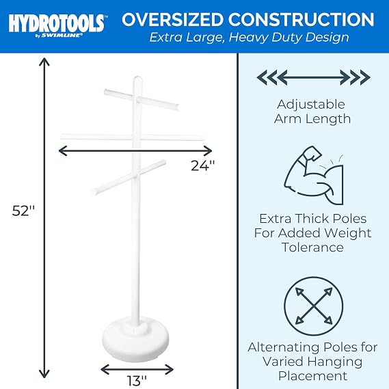 Swimline Hydrotools 89032 حامل مناشف قابل للتعديل بجانب المسبح مع قاعدة مرجحة بالمياه من ثلاثة أذرع للأماكن الخارجية والداخلية حامل ملحقات الحمام شريط تجفيف - قياسي