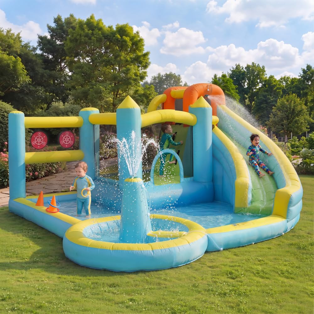 Hüpfburg, Parco acquatico con acquascivolo e piscina, gonfiabile, per giardino all'aperto, parco giochi acquatici con ventilatore, grande giocattolo gonfiabile per bambini (430 x 390 x 210 cm)