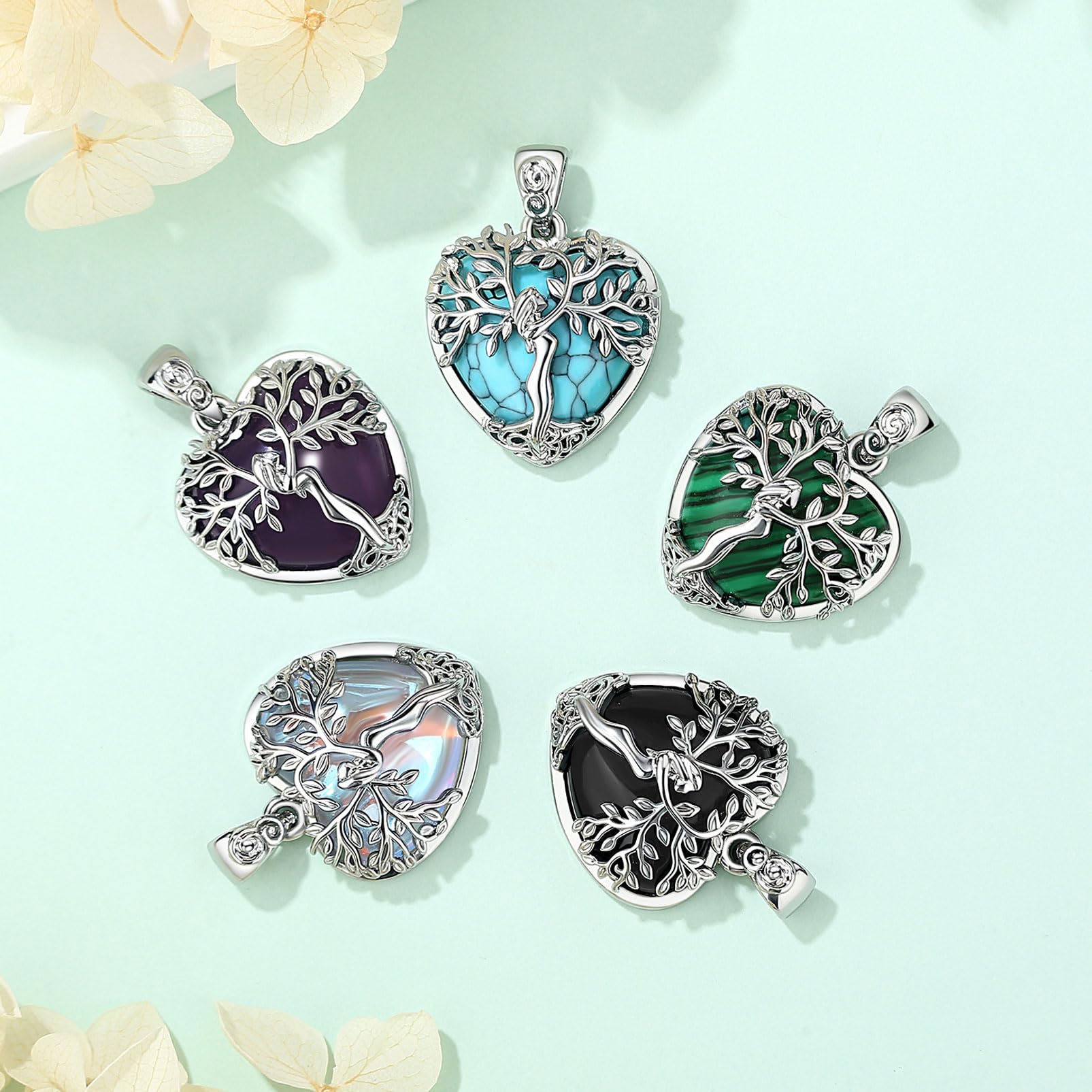 Lebensbaum Kette mit Kristall für Damen, Baum des Lebens Halskette Anhänger mit Kristall Heilsteine Amethyst Mondstein Obsidian Türkis Malachit Schmuck Geschenk für Frauen Dame