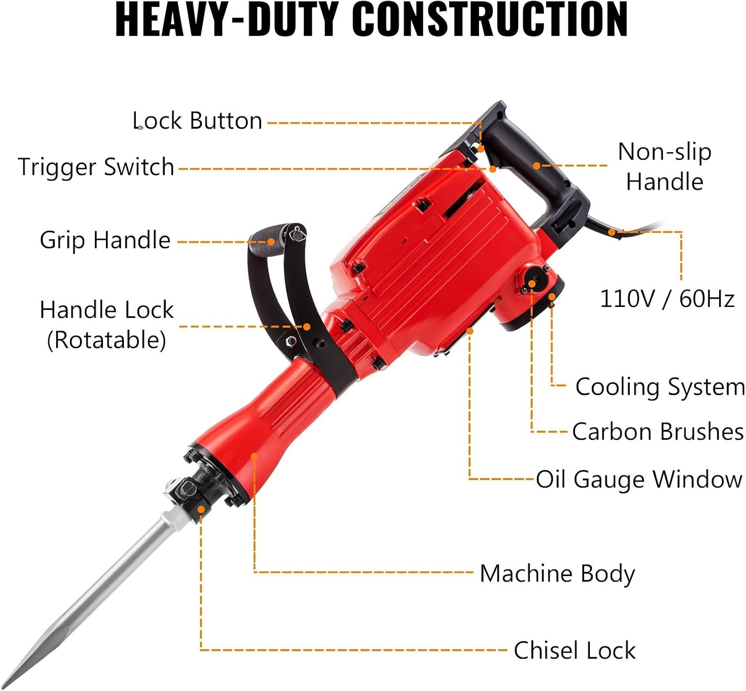 2200W Electric Demolition Jack Hammer Drill with 3 Chisels Heavy-Duty Jackhammer Concrete Breaker Chipping Impact Picks, DIY Tools