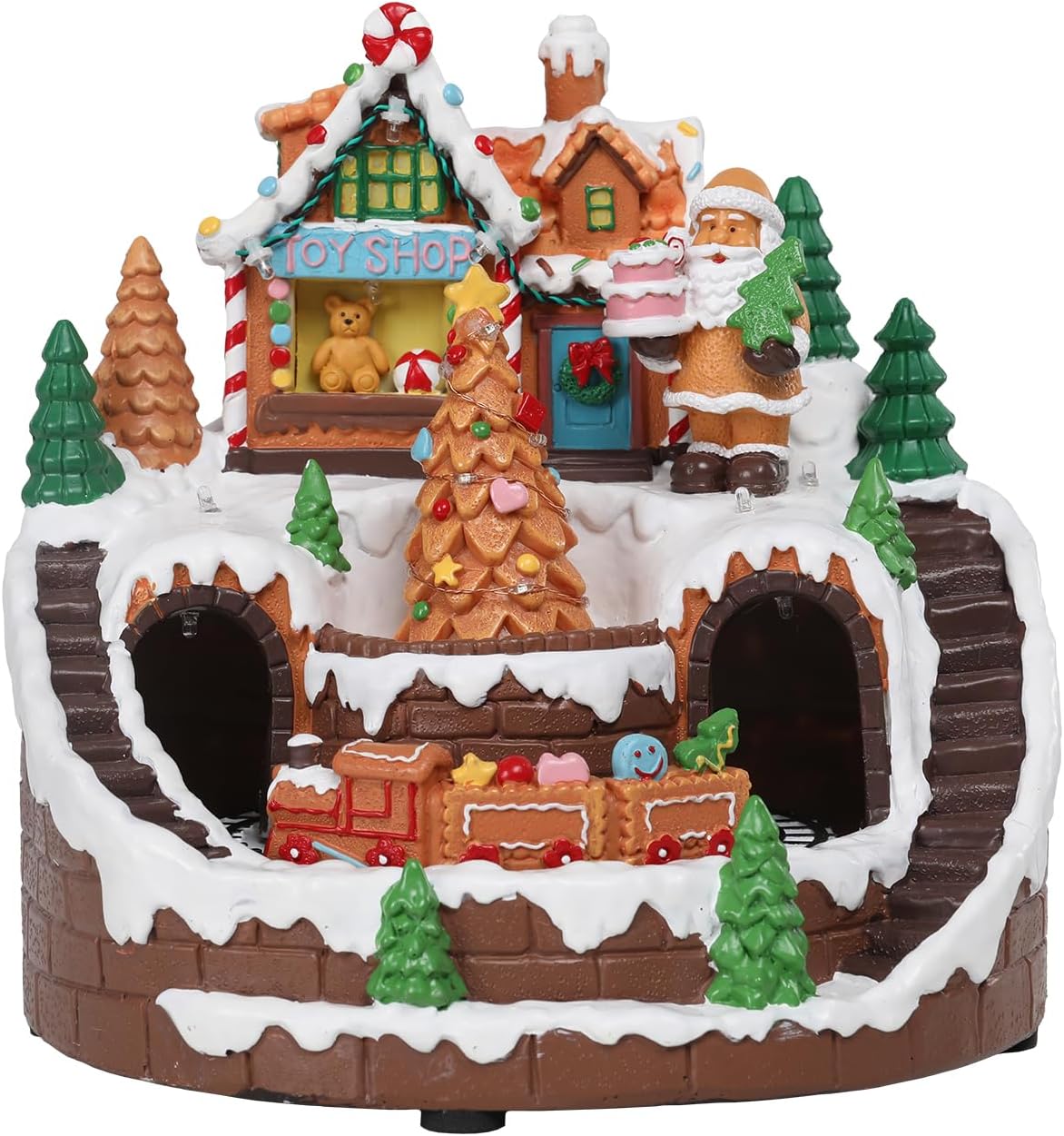 WONDER GARDEN Christmas Village Houses, Musical Light Up Gingerbread House Christmas Collectible Buildings with Moving Train for Home Indoor Decor or Gift