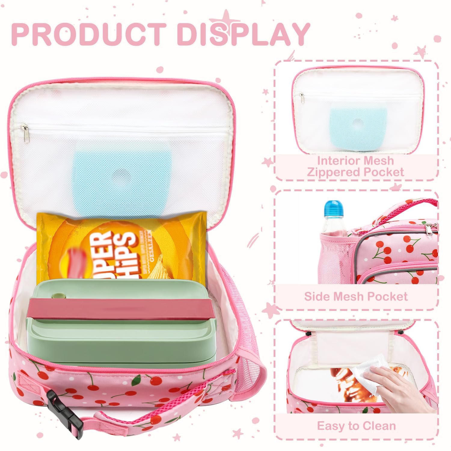 Sac à déjeuner isotherme souple pour enfants, sac isotherme pour la rentrée scolaire, sac fourre-tout pour filles, garçons (cerise)