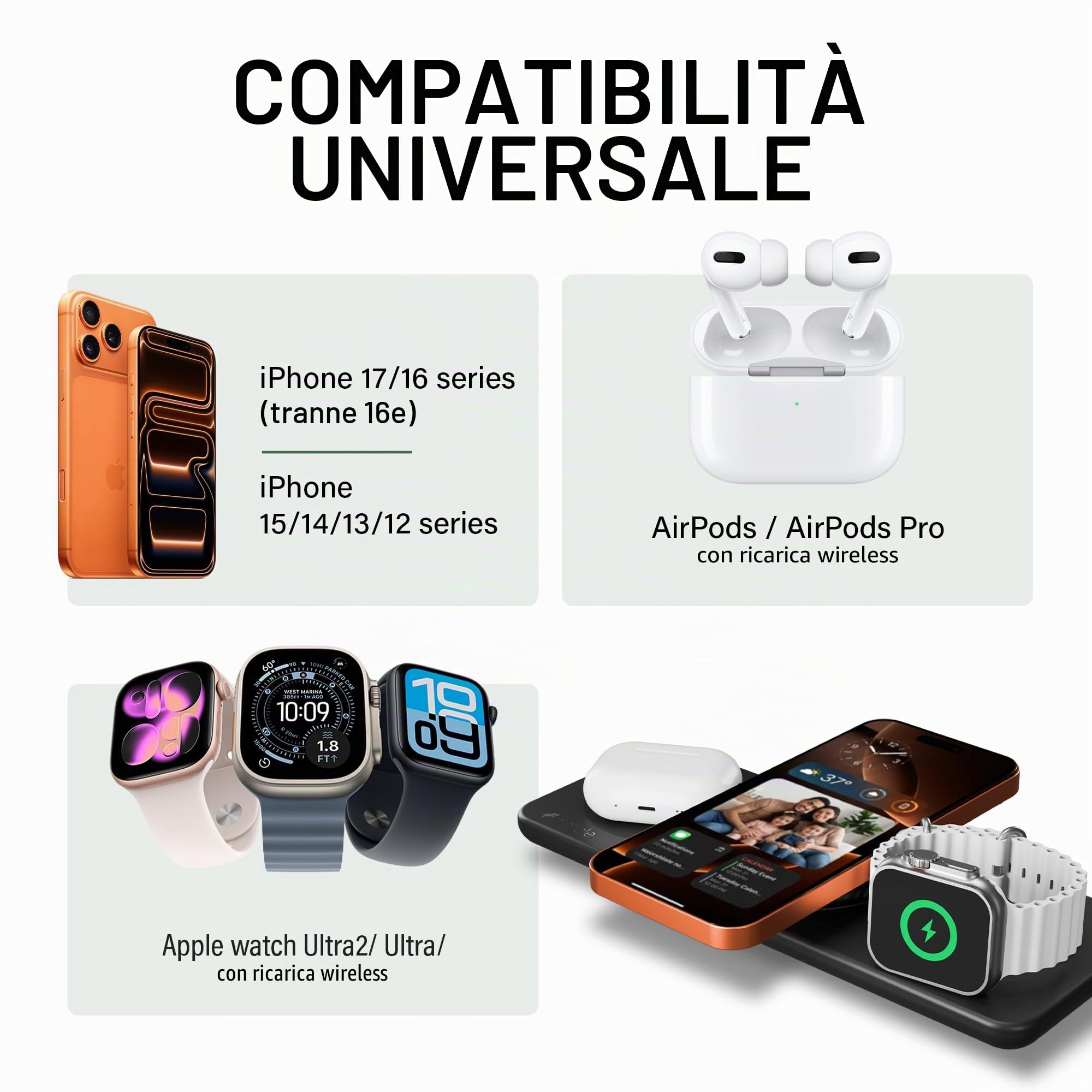 Nimble Podium - Stazione di ricarica wireless 3 in 1 per Apple, supporto caricabatterie Magsafe da 15 W, certificato Qi2, caricabatterie wireless per iPhone 16, 15, 14, 13, 12, Apple Watch, serie