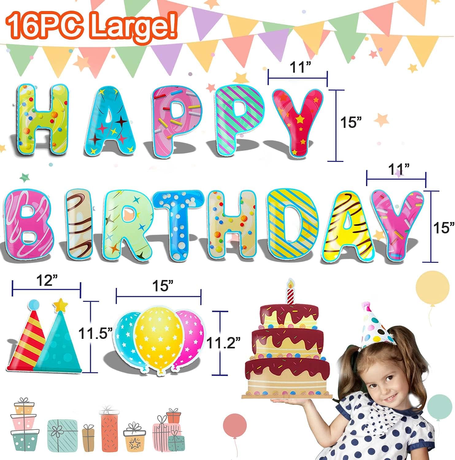 16PC Happy Birthday Yard Sign 15" Large Birthday Party Decorations Yard Stakes Lawn Signs Outdoor Decal Yard Signs for Birthday Yard Lawn Party Supplies Alphabets Balloons Cake Waterproof Party Decals : Patio, Lawn & Garden