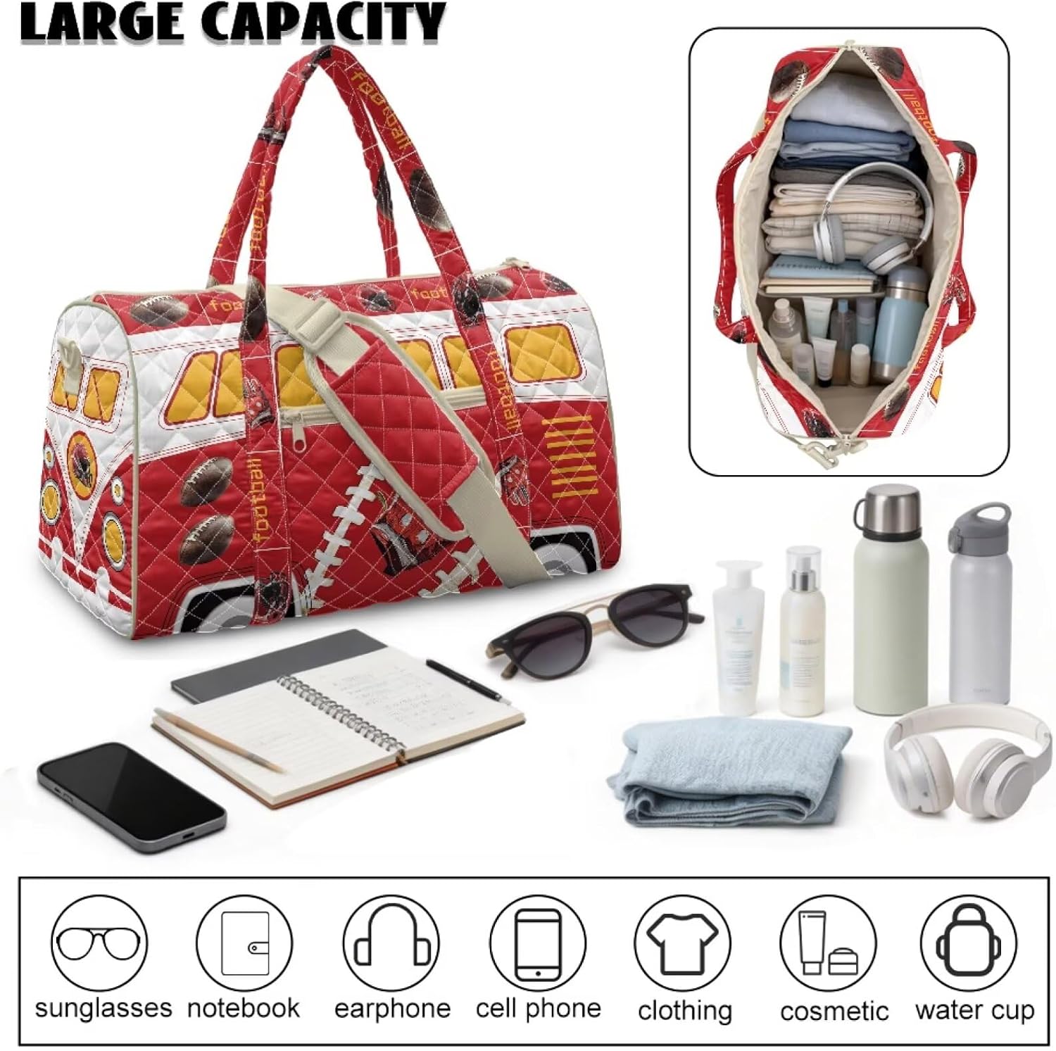 Youngerbaby Football Quilted Duffel Bag - Sports Travel Weekender Bag for Women Men, Vintage Bus Design Gym Tote Duffle Bag with Football Glove Helmet Print, Ideal Gift for Football Fans