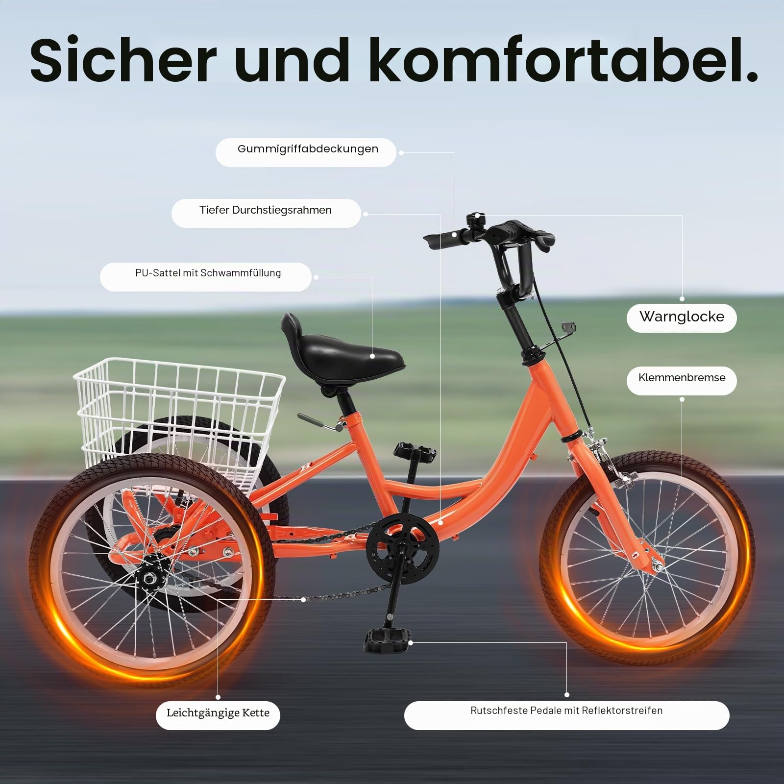 16-Zoll-Kinder-Dreirad, Single-Speed-Dreirad mit Einkaufskorb, Tragkraft 110 lbs, Lastenfahrrad, Klemmbremse, Für Ausflüge, Einkäufe Oder Camping, Hellorange