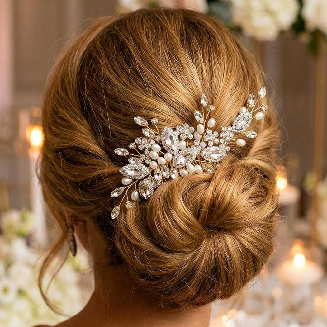 Casdre Crystal Bride Wedding Hair Comb Pearl Bridal Hair Piece Hair Accessories for Women and Girls (B Gold) - Image 4