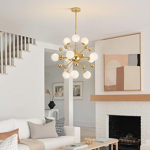 Miniatura 12 de KCO Lighting - Lámpara de araña moderna Sputnik con globo dorado, 18 luces, bola de vidrio de leche, iluminación colgante redonda, lámpara