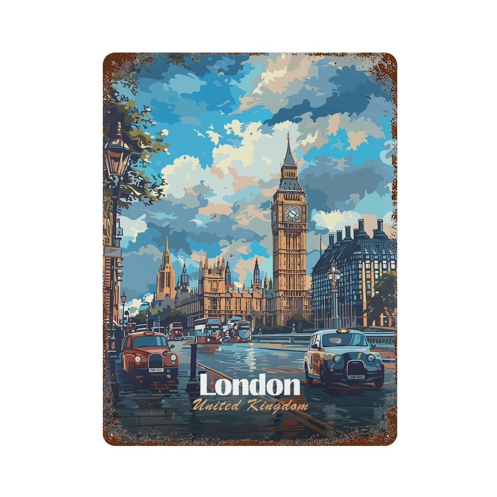 Rust Effect London, United Kingdom Cityscape Aged Metal Wall Plaque 15.7"x11.8", Shabby Chic Decor for Basement, Hobby Room And Garage Decor