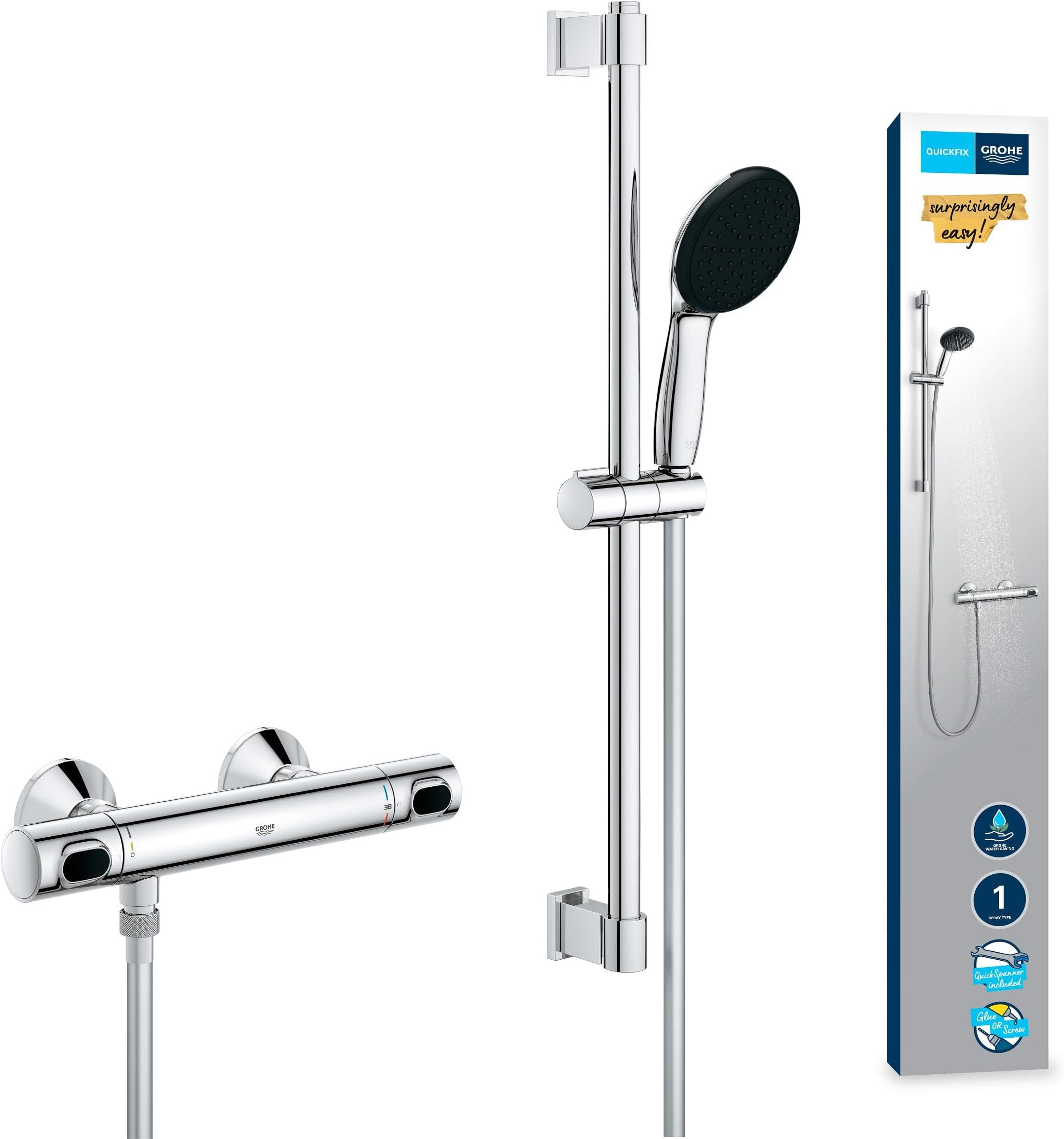 Precision Flow - Exposed Thermostatic Shower Set (Round 11 cm Hand 1 Sprays: Rain, Hose 1.75 m, Rail 60 cm, Safety Functions, Water Saving), Chrome, 34800001