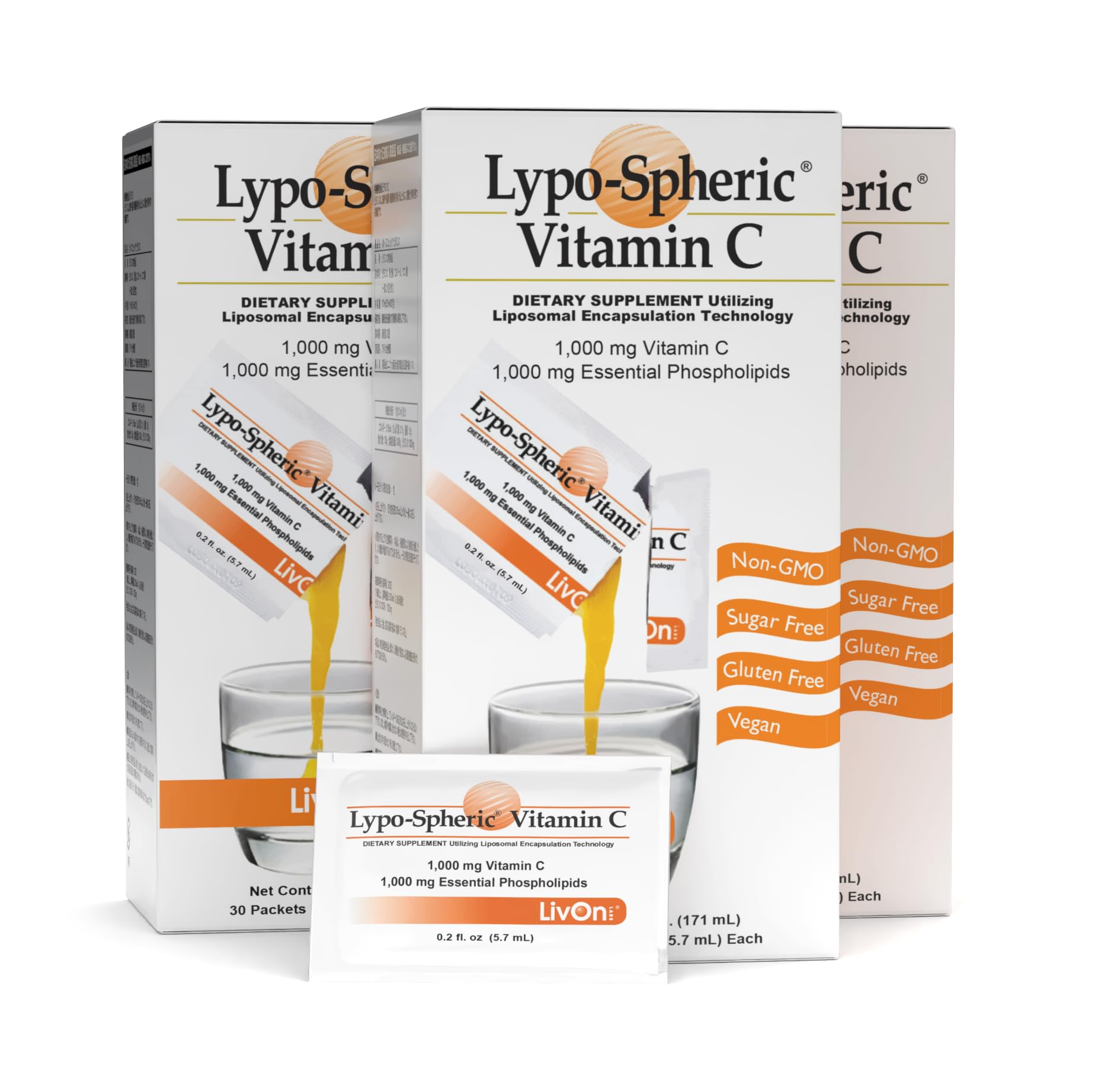 【リポソームビタミンC】LivOn Labs リポスフェリック ビタミンC 1000mg配合 ゲルタイプ 3箱セット・90包入り（約3ヶ月分）高吸収率 抗酸化サポート 健康維持 非遺伝子組み換え 砂糖不使用 米国製