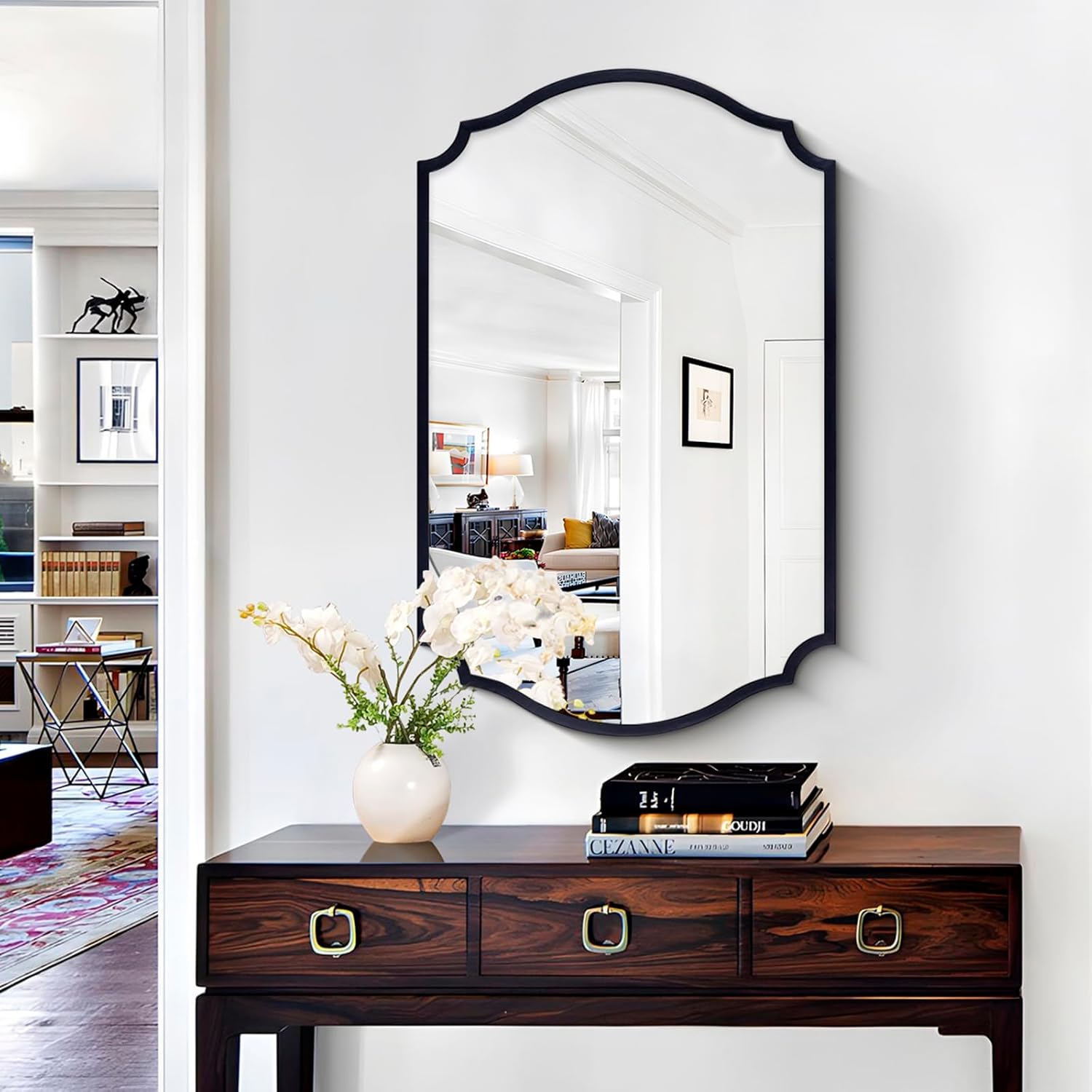 Chende Large Black Wall Mirror, 44''X32'' Modern Living Room Mirrors for Wall Decor, Rectangle Scalloped Mirror with Metal Frame for Bathroom Vanity, Dining Room, Entryway, Mantel, Fireplace