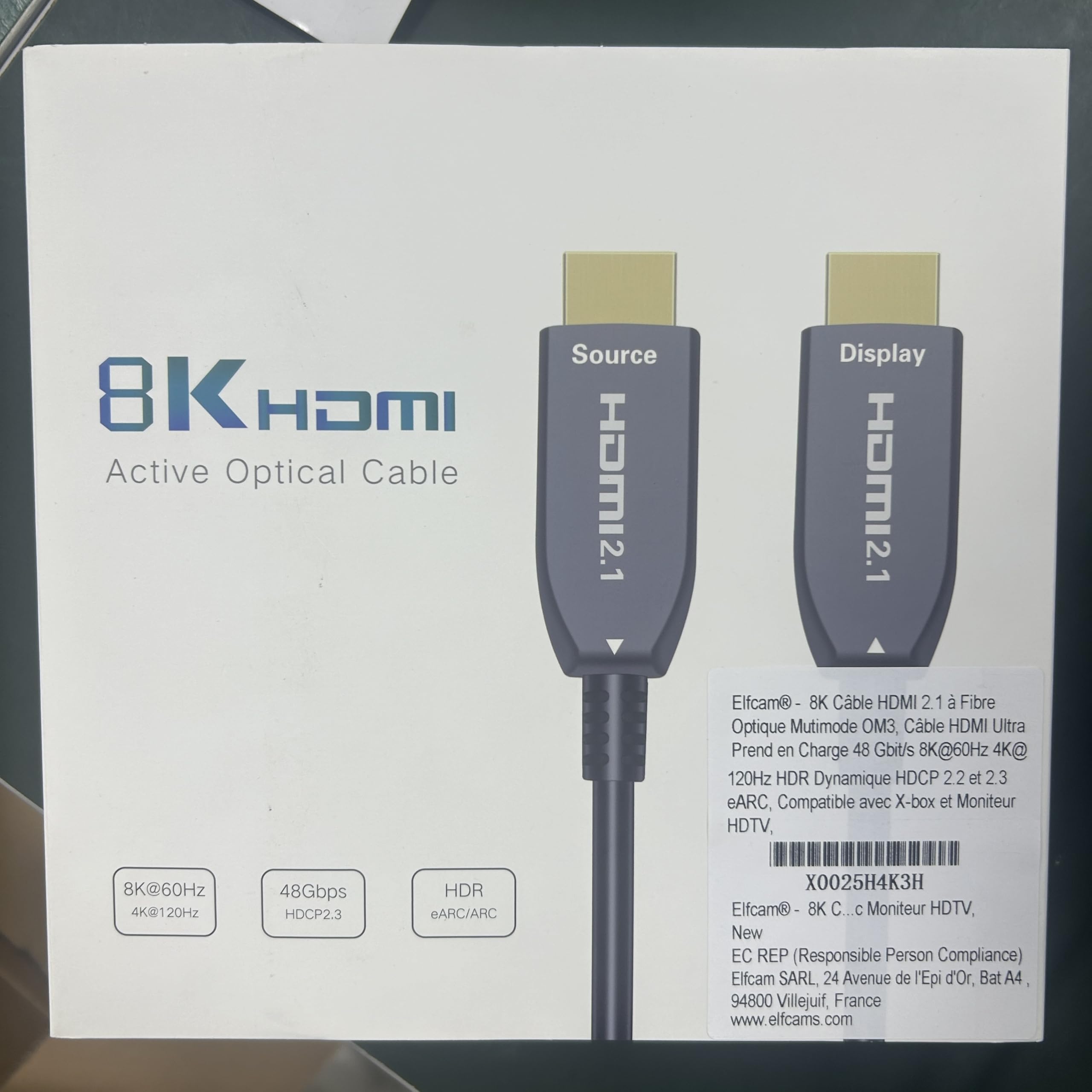 Elfcam® - Cable HDMI 2.1 a fibra óptica Mutimode OM3, cable HDMI Ultra soporta 48 Gbps 8K@60Hz 4K@120Hz HDR dinámico HDCP 2.2 y 2.3 eARC, compatible con X-box y monitor HDTV, 20M