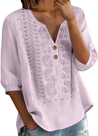 Bohemian Tops for Women 3/4 Sleeve Cotton Linen Shirts Casual Summer 2026 Trendy Embroidered V Neck Button Up Shirt