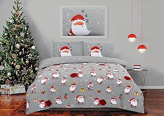 CnA Stores Festive Christmas Santa Double Xmas Grey Red Duvet Cover Bedding Set with Pillowcase