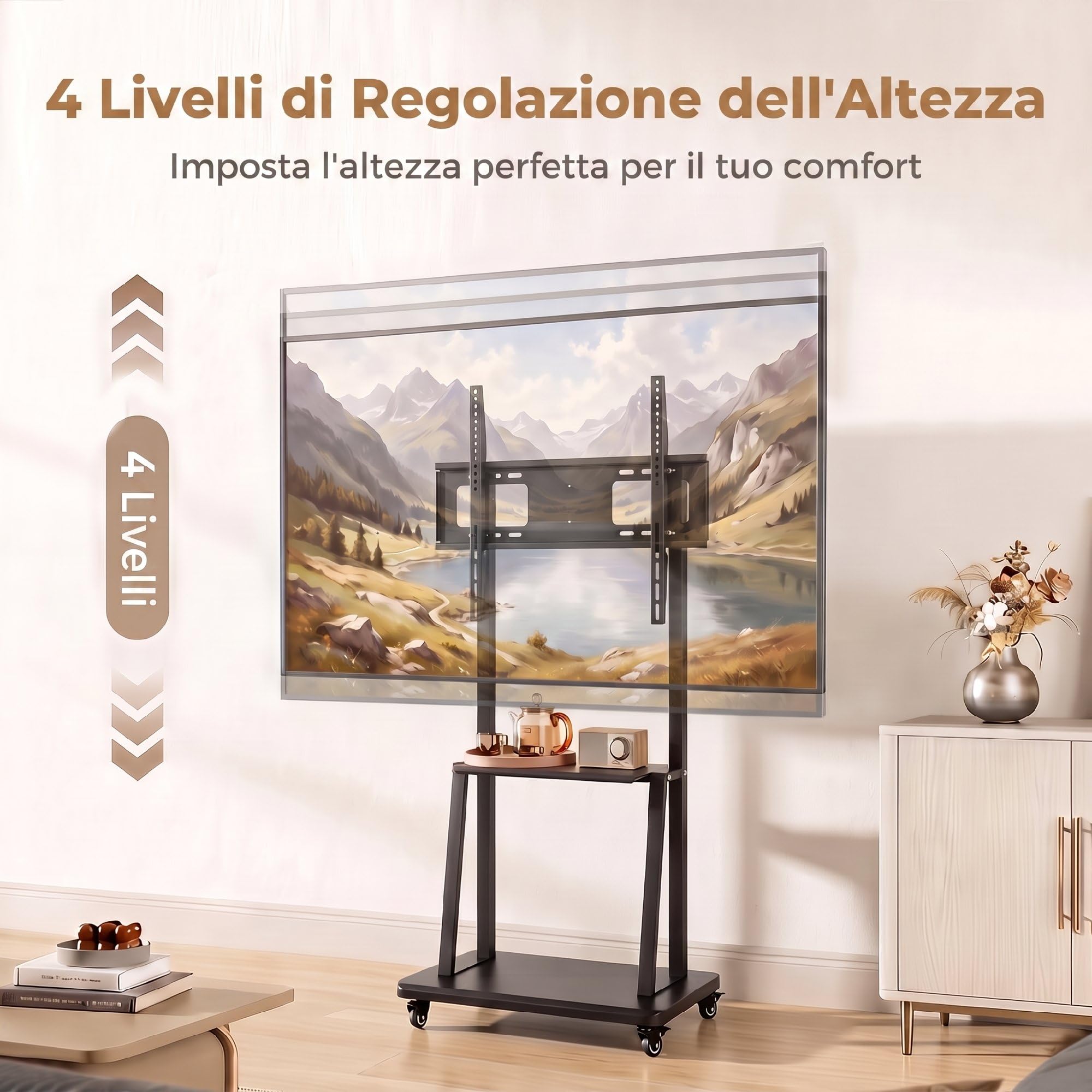 HOMCOM Supporto TV da Pavimento da 32-75 Pollici Max VESA 400x600 mm Nero | Carrello Porta TV, Altezza Regolabile, Ruote a Freno, Ripiano Multimediale, per Schermi LCD/LED/OLED, Carico Max. 50 kg