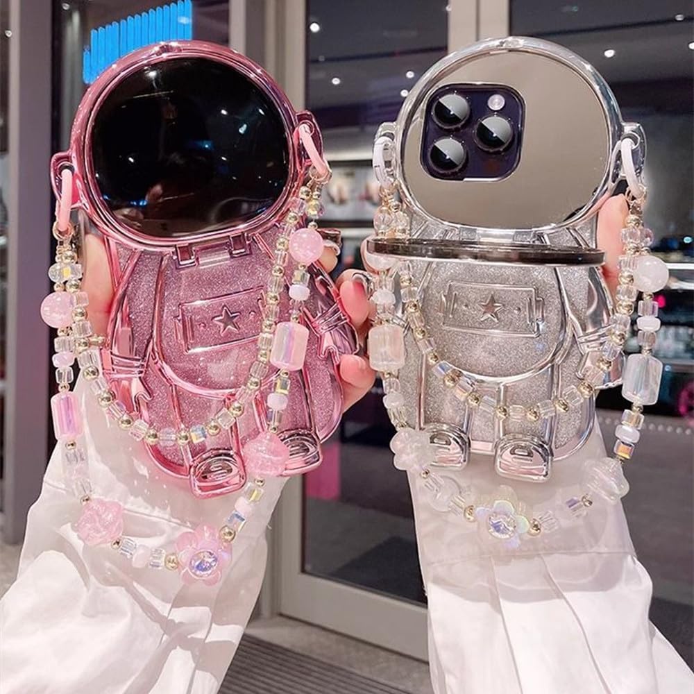 Estuche para teléfono con soporte para espejo de tocador y pulsera con diseño de muñeco astronauta para iPhone 15, 14, 13, 12 y 11, cubierta trasera de Pro Max Plus, azul, para iPhone 13 Pro Max