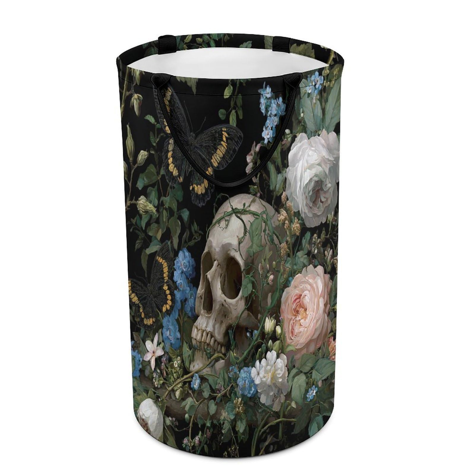 LUYYSKY Beautiful Abstract Skull Skeleton Collapsible Dirty Clothes Basket, Rustic Realistic Rose Flowers Green Leaves Animal Butterfly Portable Clothes Storage Laundry Basket-40 CM Dia, 69 CM High