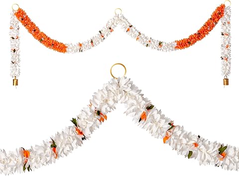Toran Bandanwaar Artificial Flower Garland for Wall Door Hanging Home Temple Festival Wedding Function Party Decoration Decor and Gifting White and Orange