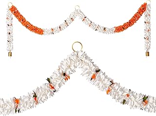 Toran Bandanwaar Artificial Flower Garland for Wall Door Hanging Home Temple Festival Wedding Function Party Decoration Décor and Gifting (White and Orange)