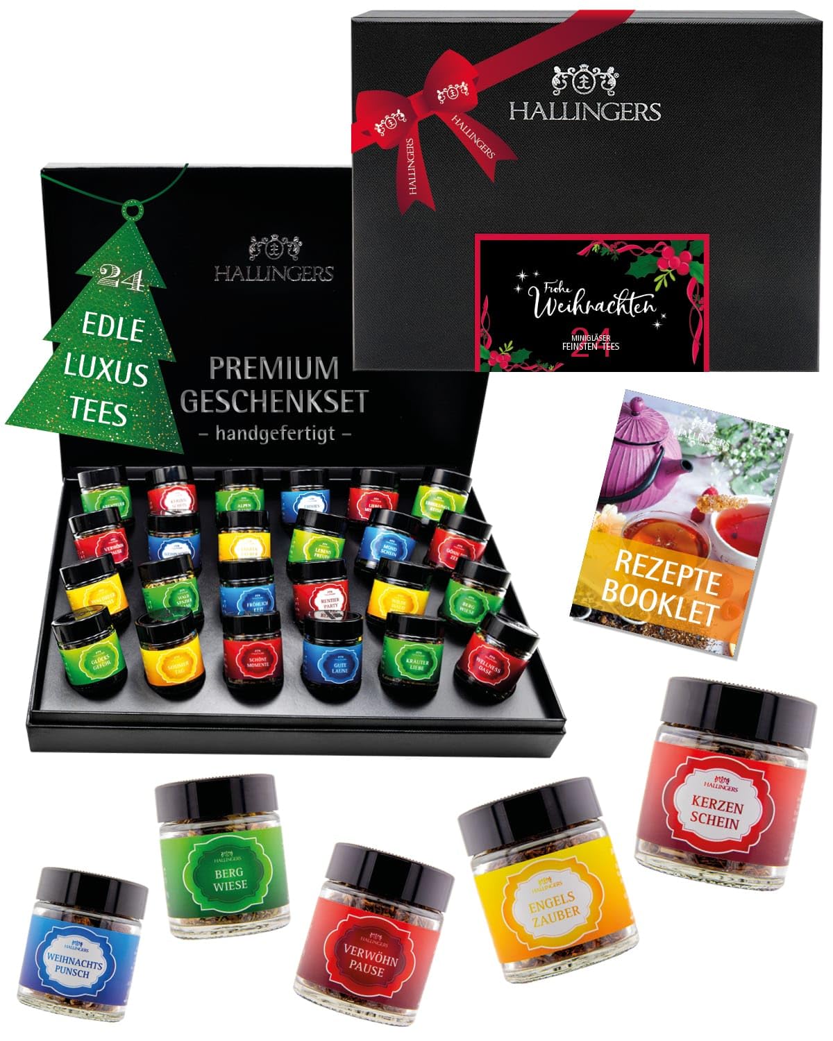 Hallingers Genuss Manufaktur Tee Weihnachts-Geschenk-Set - 24 Sorten premium loser Tee Probierset in edler Geschenkbox mit Rezept-Booklet "Frohe Weihnachten", Weihnachten für Frauen Männer