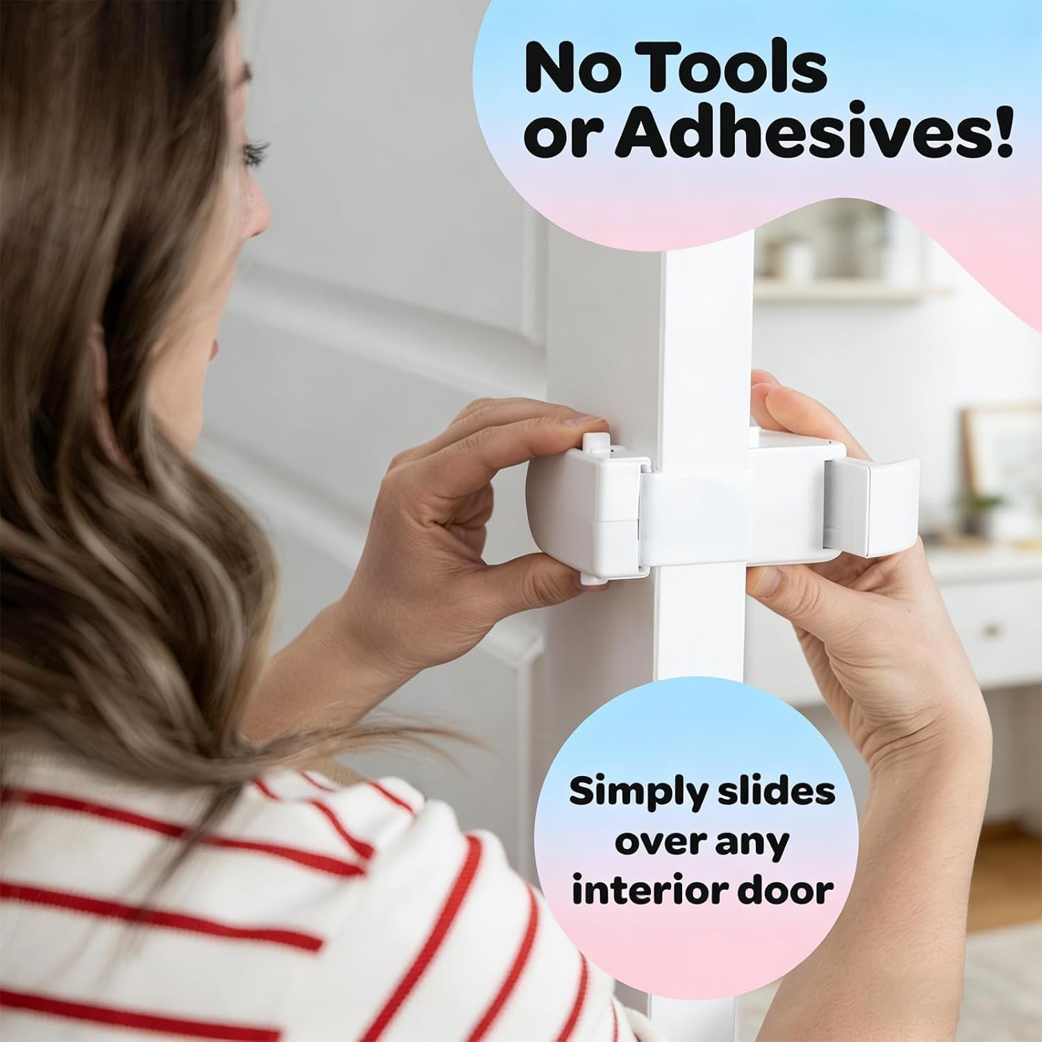 The Snap-On Door Lock, Child Proof Door, Safety Refrigerator Door Lock, Safety Lock for Interior Doors, No Tools or Adhesives Required, Simple Install, for Toddlers, Dogs & Cats (1pcs)