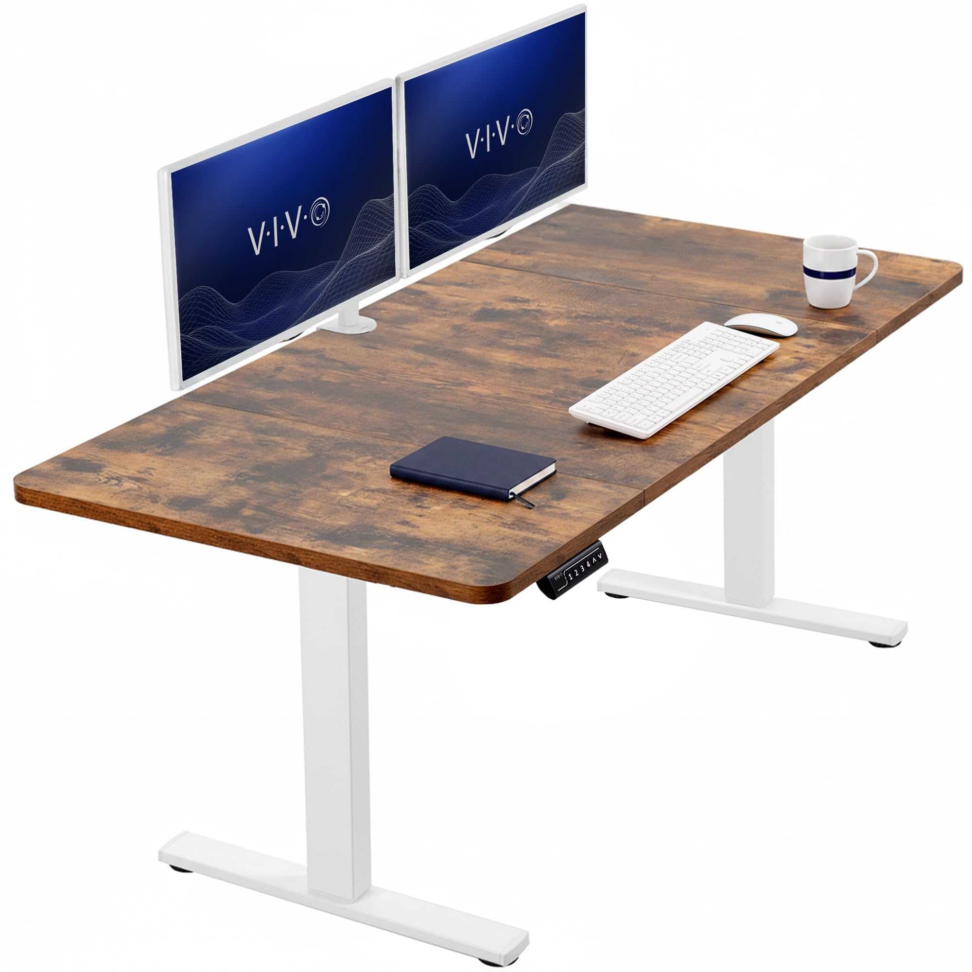 VIVO Rustic Vintage Brown 60 x 30 in Standing Desk, DESK-KIT-1W6N-30 | Electric, Holds 220 lbs, Sit Stand, Height Adjustable, Extra Deep Table Top, Memory Presets, 1B Series, White Frame