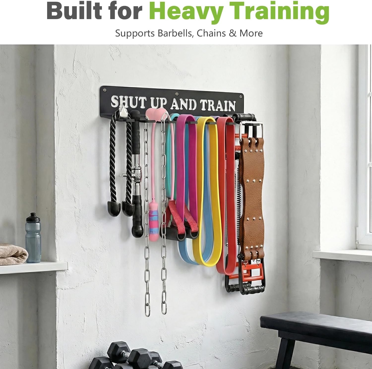 Home Gym Accessories Organization Storage Rack Equipment For Home 8 Hook Wall Hanger Display Gear Barbells Resistance Bands Jump Ropes Lifting Belt Hanger Accessories Hardware Included thumbnail