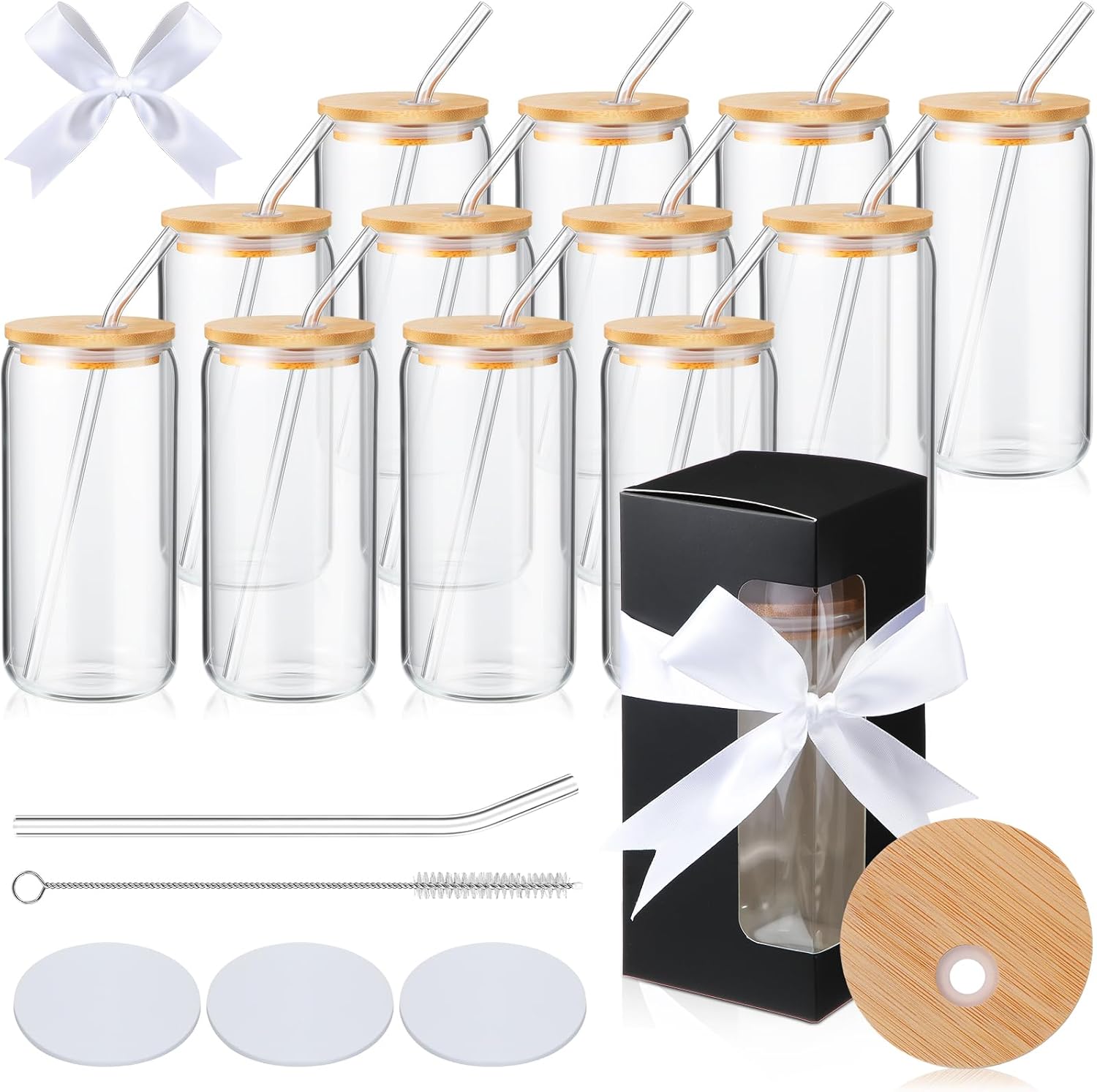 Tioncy 12 Set Sublimation Glass Blanks, 16 oz Clear Beer Can with Bamboo Lids Glass Straws 12 Gift Box Water Tumbler Cups Glass Cups Mugs for Coffee Juice DIY Gifts (Black)