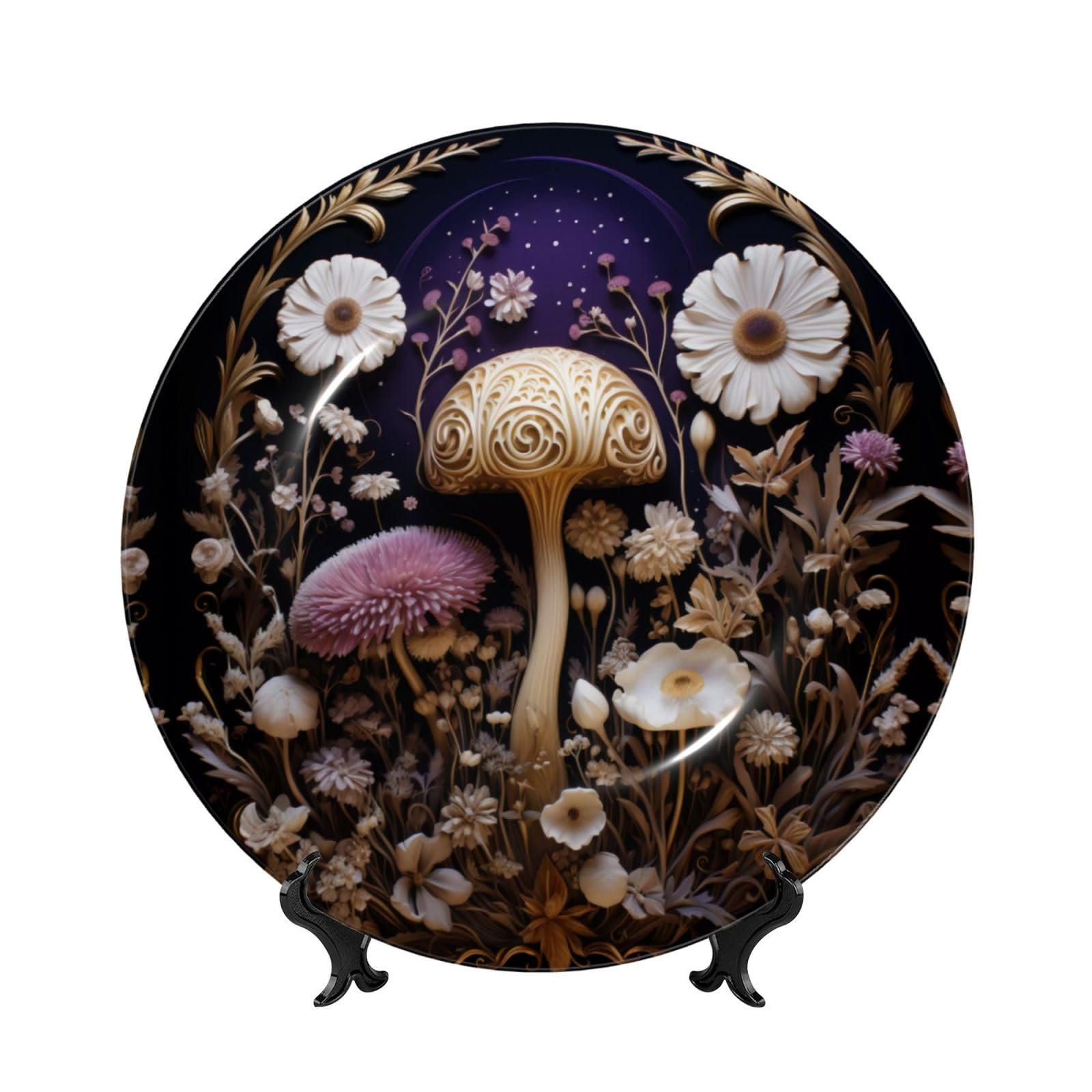 SXZVVBN White Mushrooms and Flowers Bone China Decorative Plate Art with Stand Removable Adhesive Hanging for Home Office 8in（20cm）