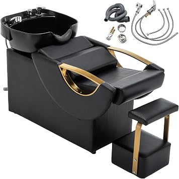 Professional Shampoo Chair with Bowl & Footrest, 300LBS Reclining Backwash Station with Gold Armrests, Waterproof PU Leather Salon Hair Washing Unit for Barber Shop & Spa